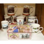 A collection of assorted commemorative military mugs and tankards, comprising a set of six Danbury