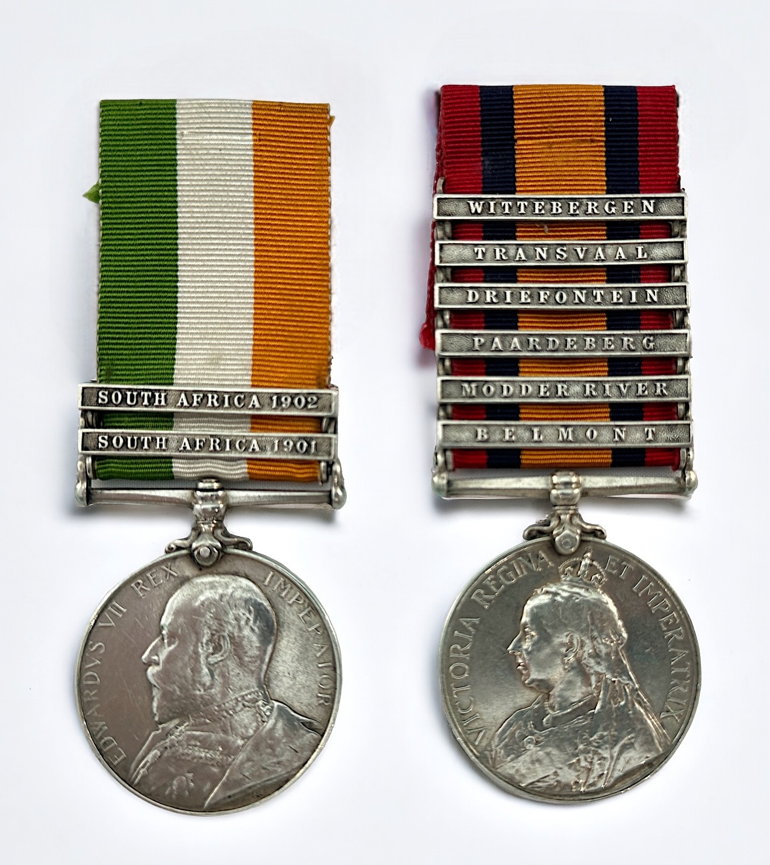 A Queen's South Africa Medal and King's SA Medal with a combined total of Eight Clasps comprising