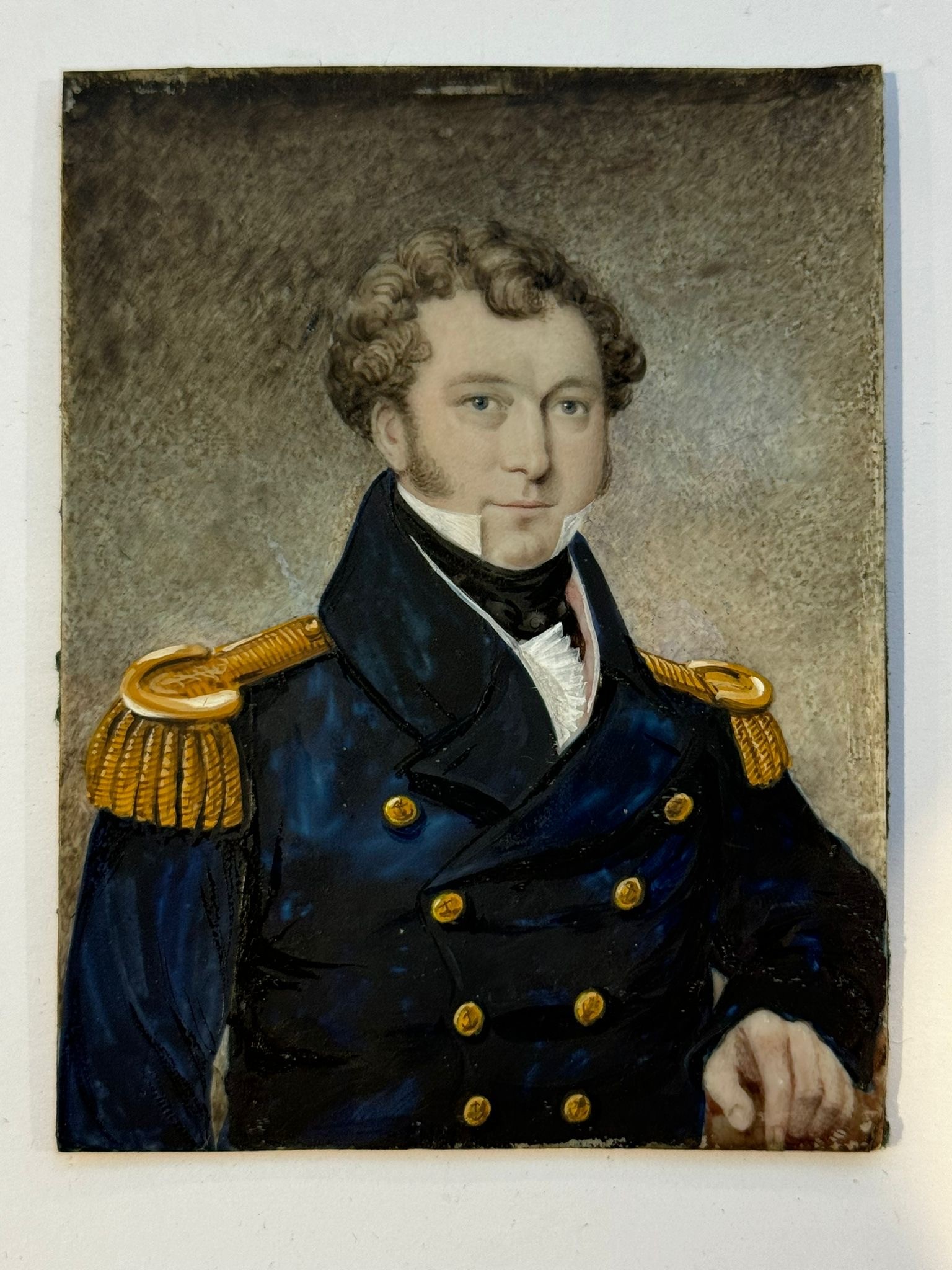 A Mid-19th century portrait miniature of a Naval Commander or Captain, with slightly receding - Image 2 of 2