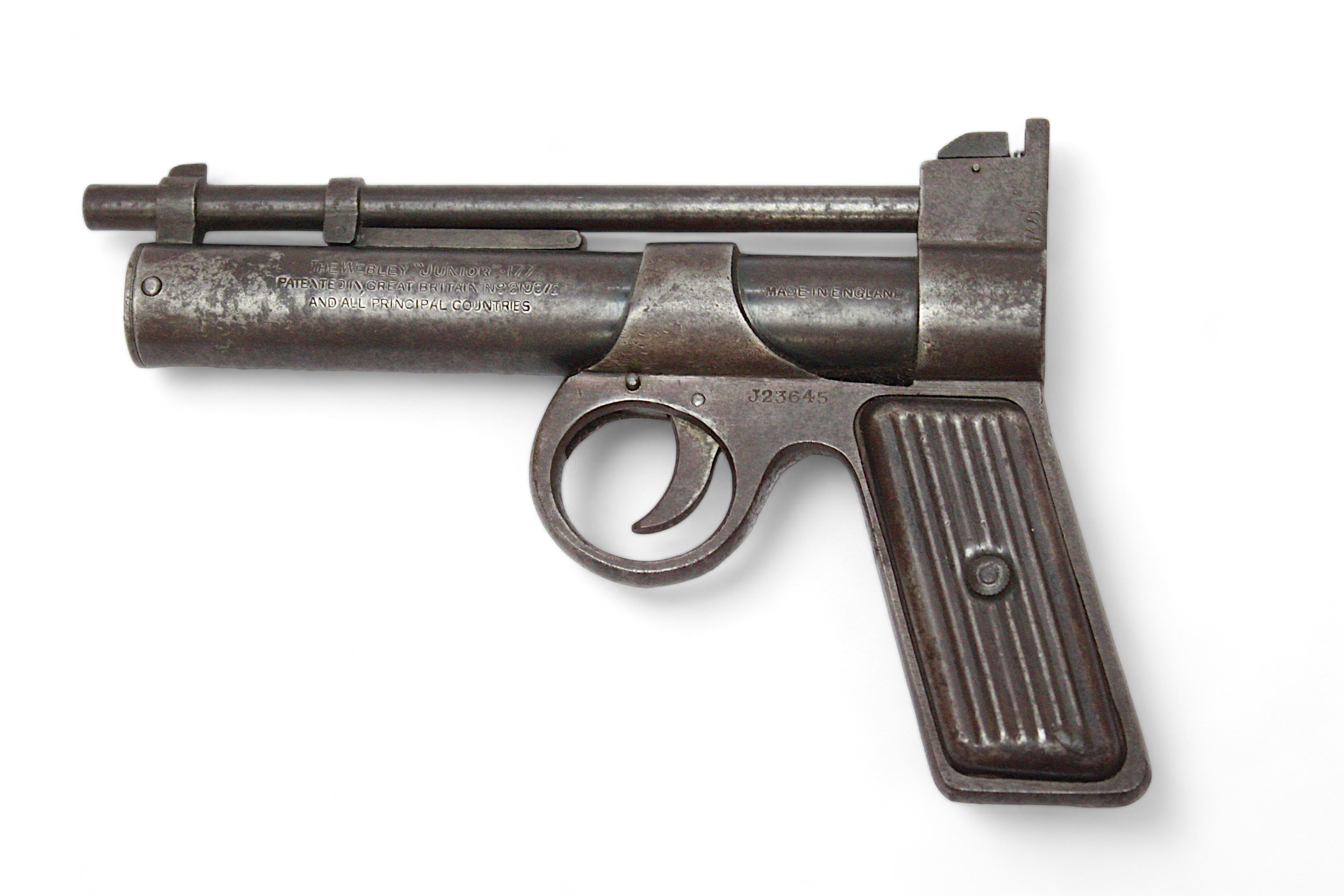 A Webley 'Junior' .177 Air Pistol, wity vertical-ribbed pressed metal grips, serial number J23645. - Image 2 of 2