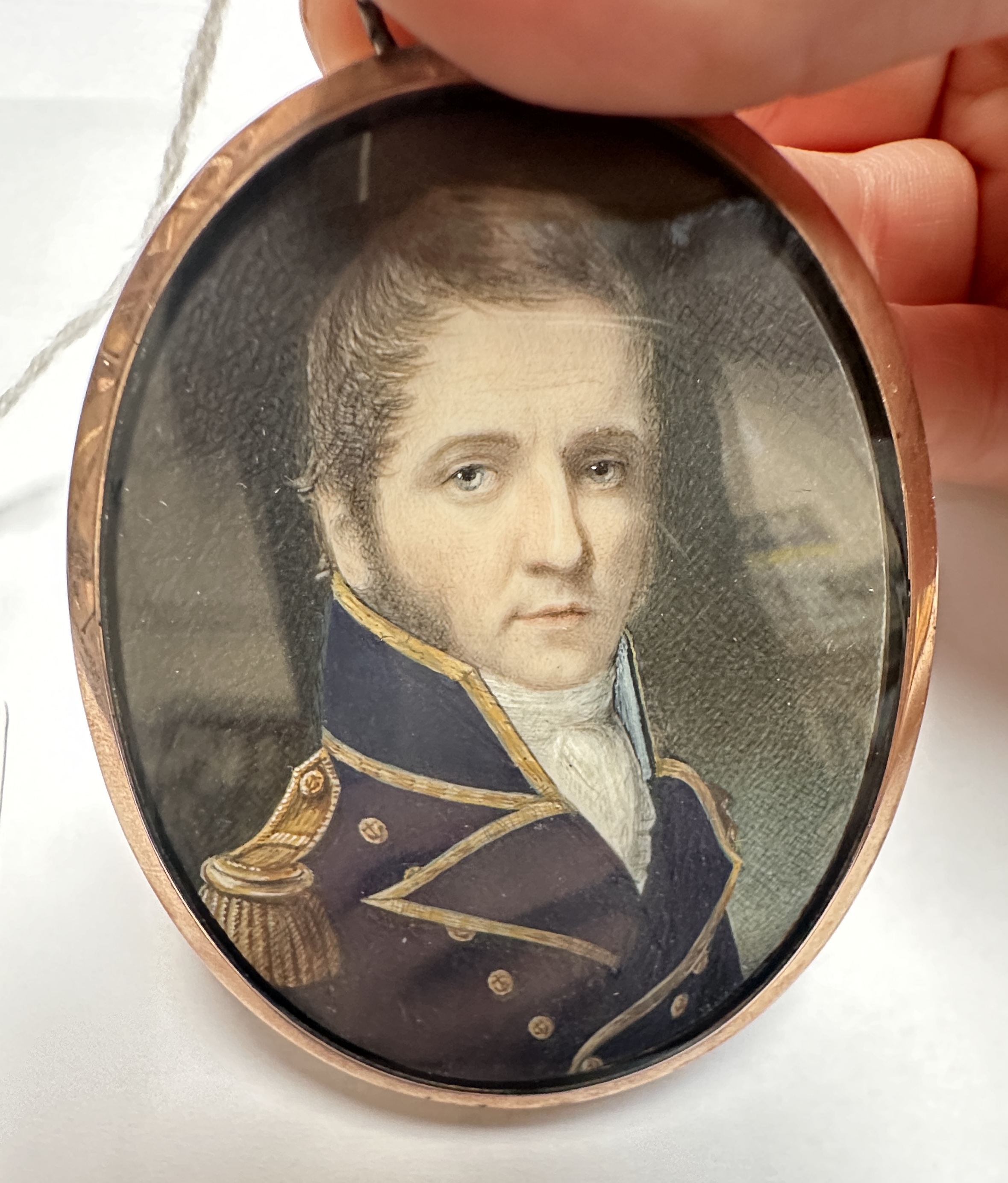 A Mid-19th century oval locket-back portrait miniature of a middle-aged senior Naval officer, with - Image 3 of 5