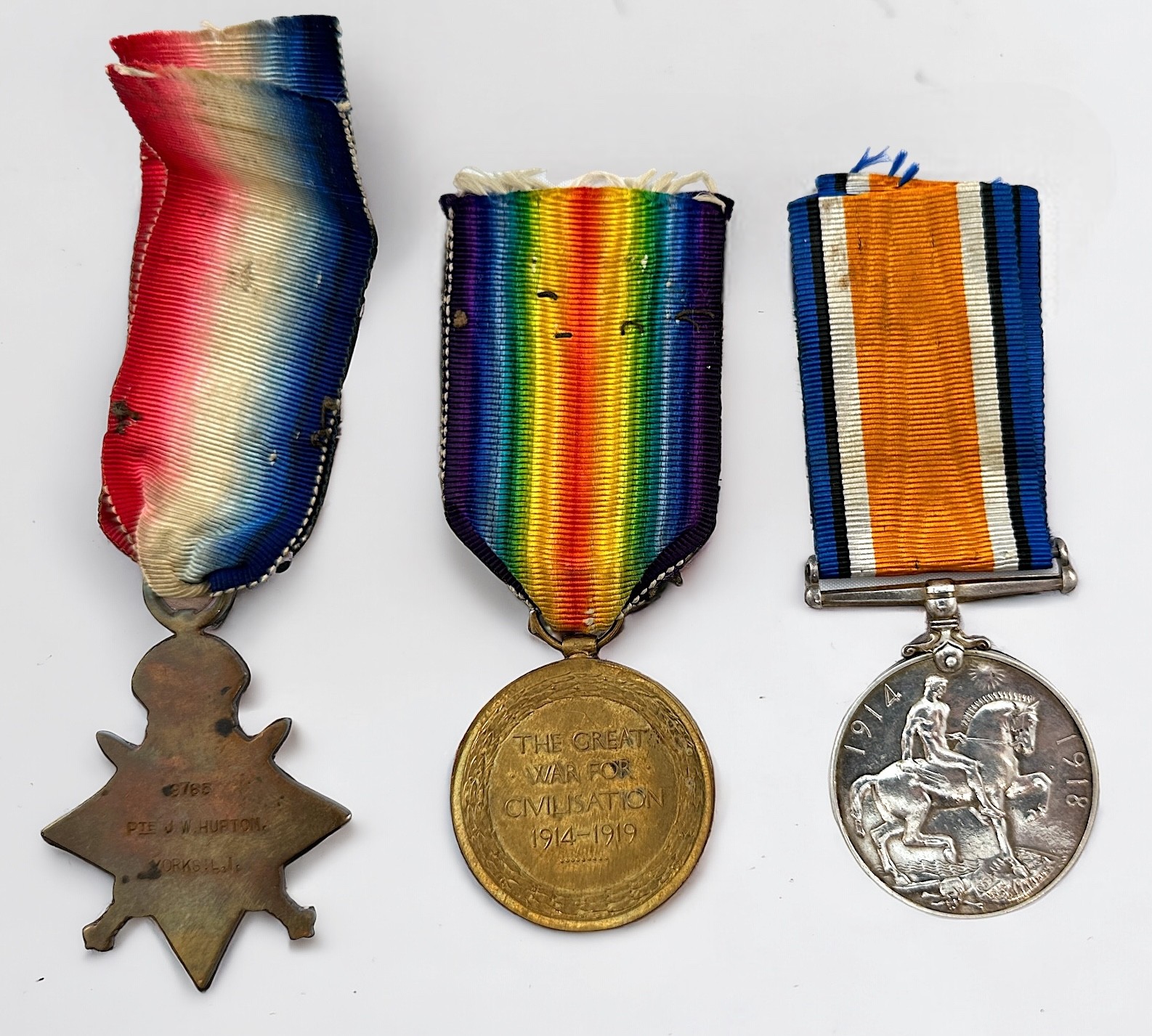 WW1 Trio with 1914 Mons Star to 9785 PTE. J.W. HUFTON King's Own Yorkshire Light Infantry, listed - Image 2 of 2