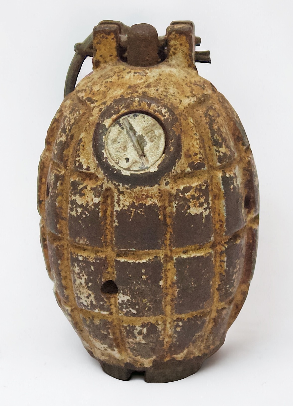 A WWII Mills No. 36 Mk.I hand grenade, by T. Ashead & Sons, dated 1943, manufactured at Alloy