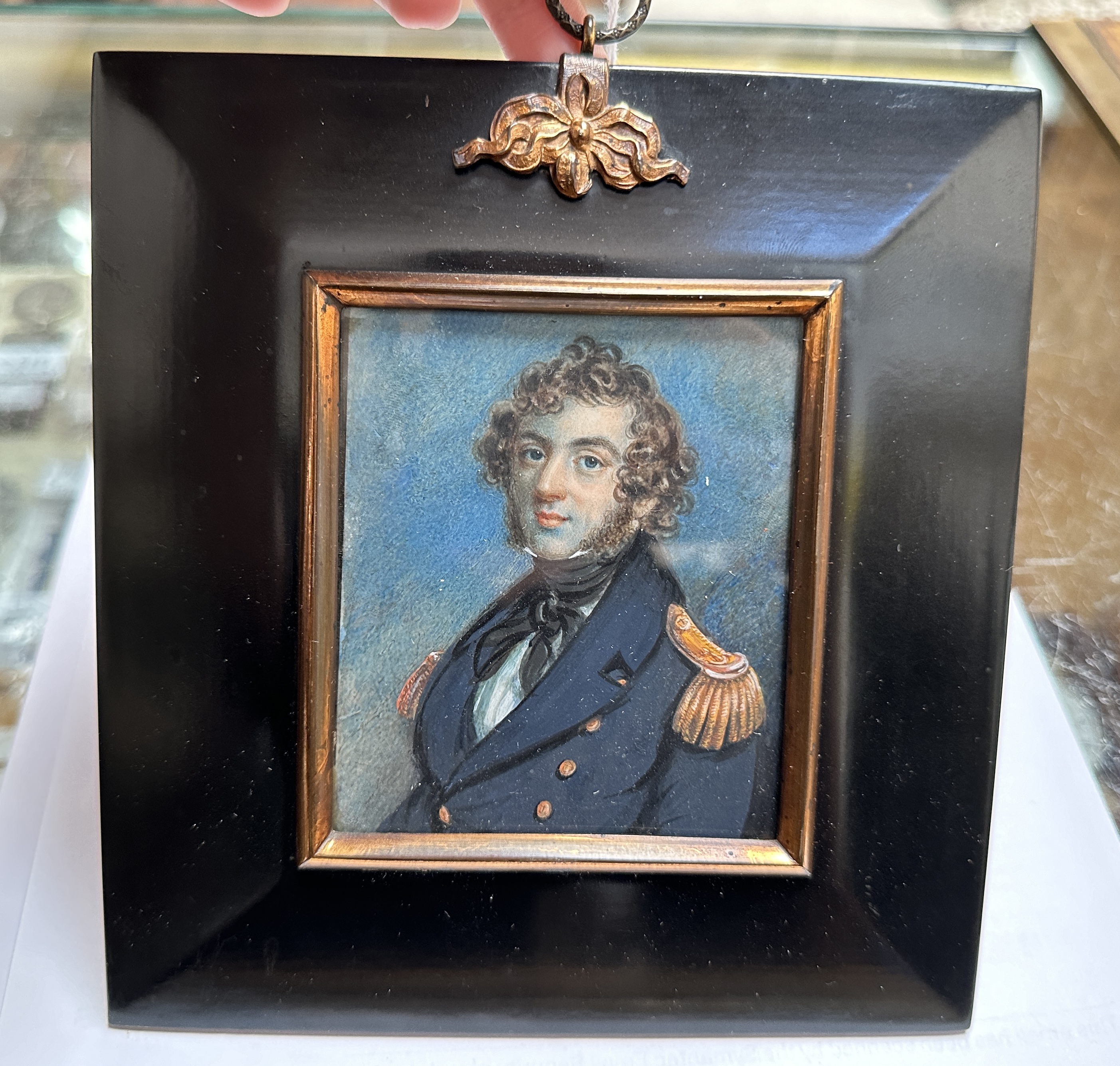 A Mid-19th century portrait miniature of a Naval Commander or Captain, with long curly brown hair - Image 6 of 7