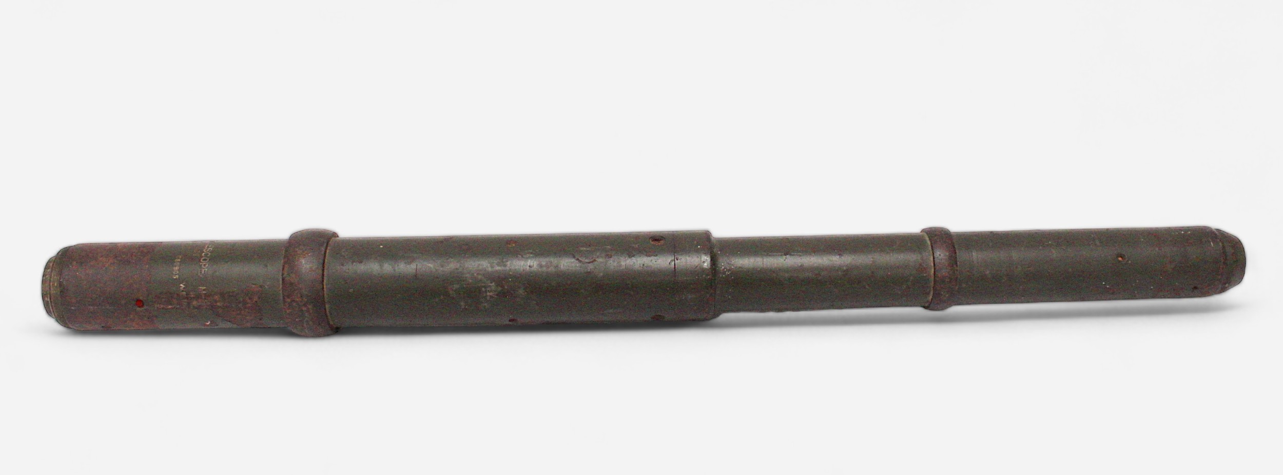 A WWII green painted tank scope/sight from a Sherman Tank, dated 1943, no.41169, makers stamp W.