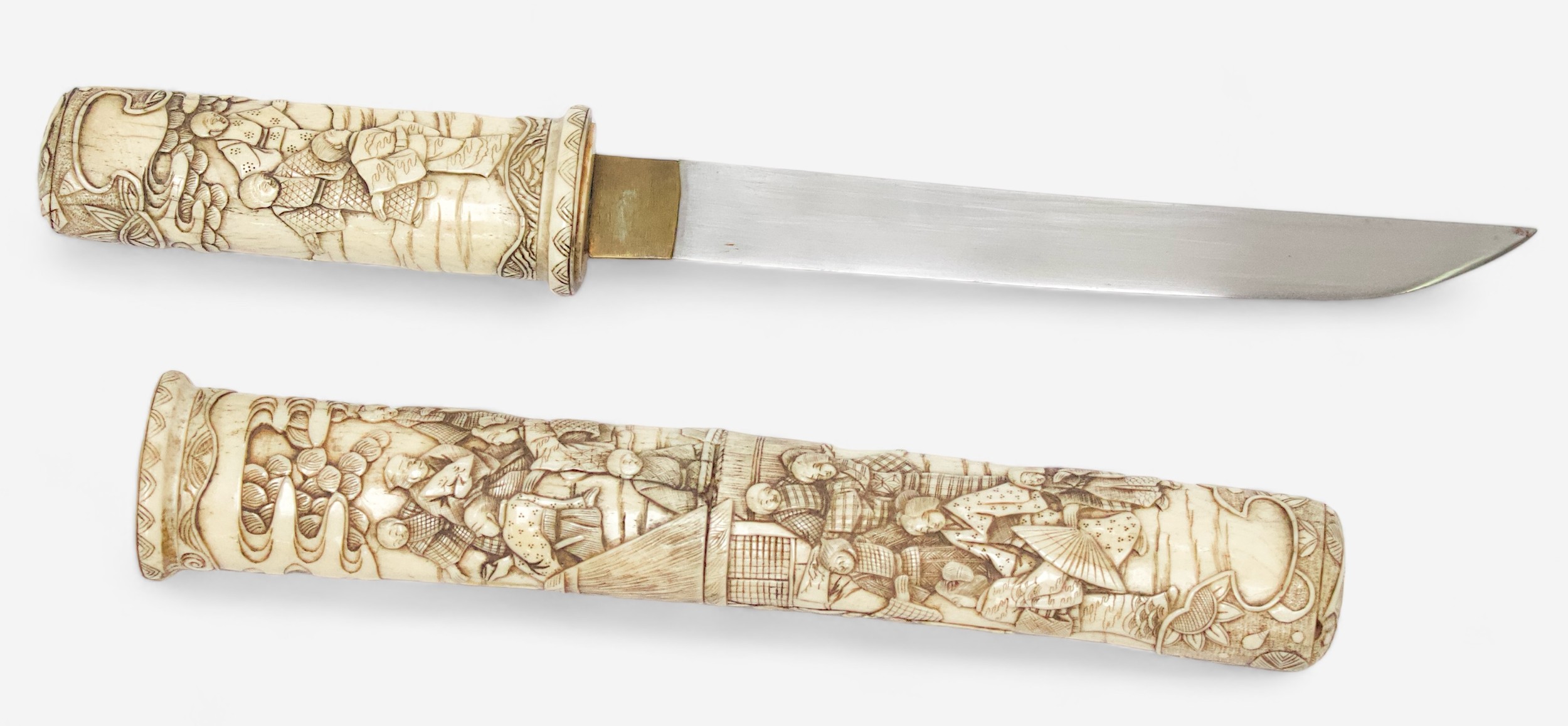 A Meiji Period (1868-1912) Japanese Tanto Knife, relief carved bone handle and scabbard decorated - Image 2 of 2