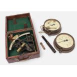 A collection of assorted maritime items including a boxed sextant, a bosuns call, a threaded ships