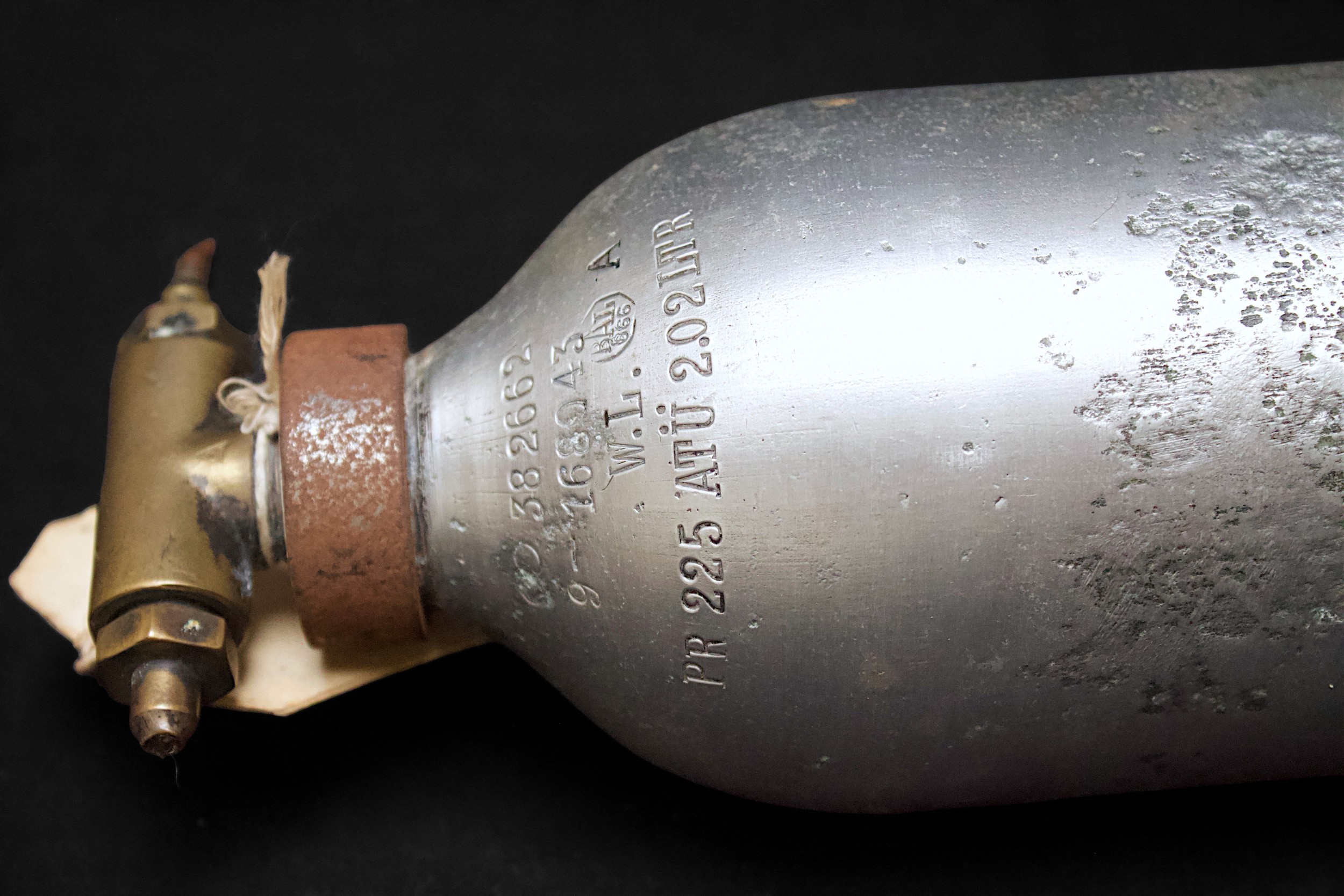 A WWII Luftwaffe Oxygen Bottle by Auer, from a Junkers Ju.88, with various stamped marks and - Image 2 of 3