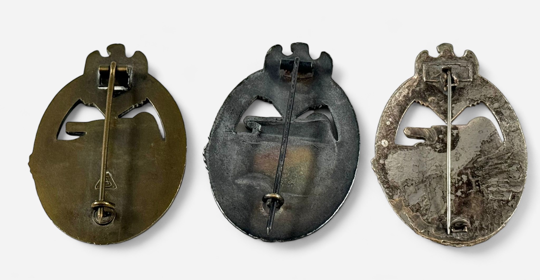 Three various WWII German Third Reich Panzer Assault badges, brass-plated alloy example with cast SA - Image 3 of 3