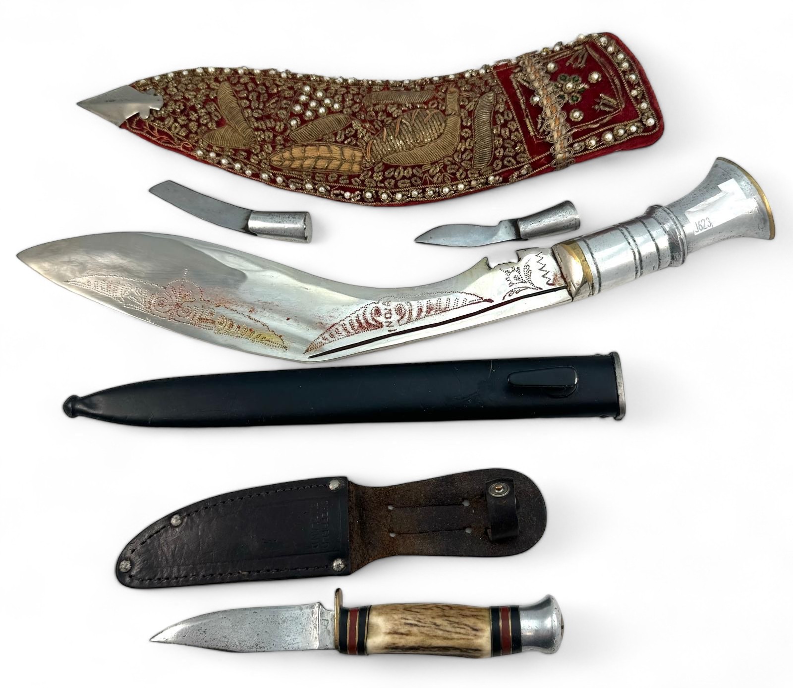 An English small hunting knife with 85mm Sheffield Steel blade and antler handle with leather