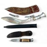 An English small hunting knife with 85mm Sheffield Steel blade and antler handle with leather