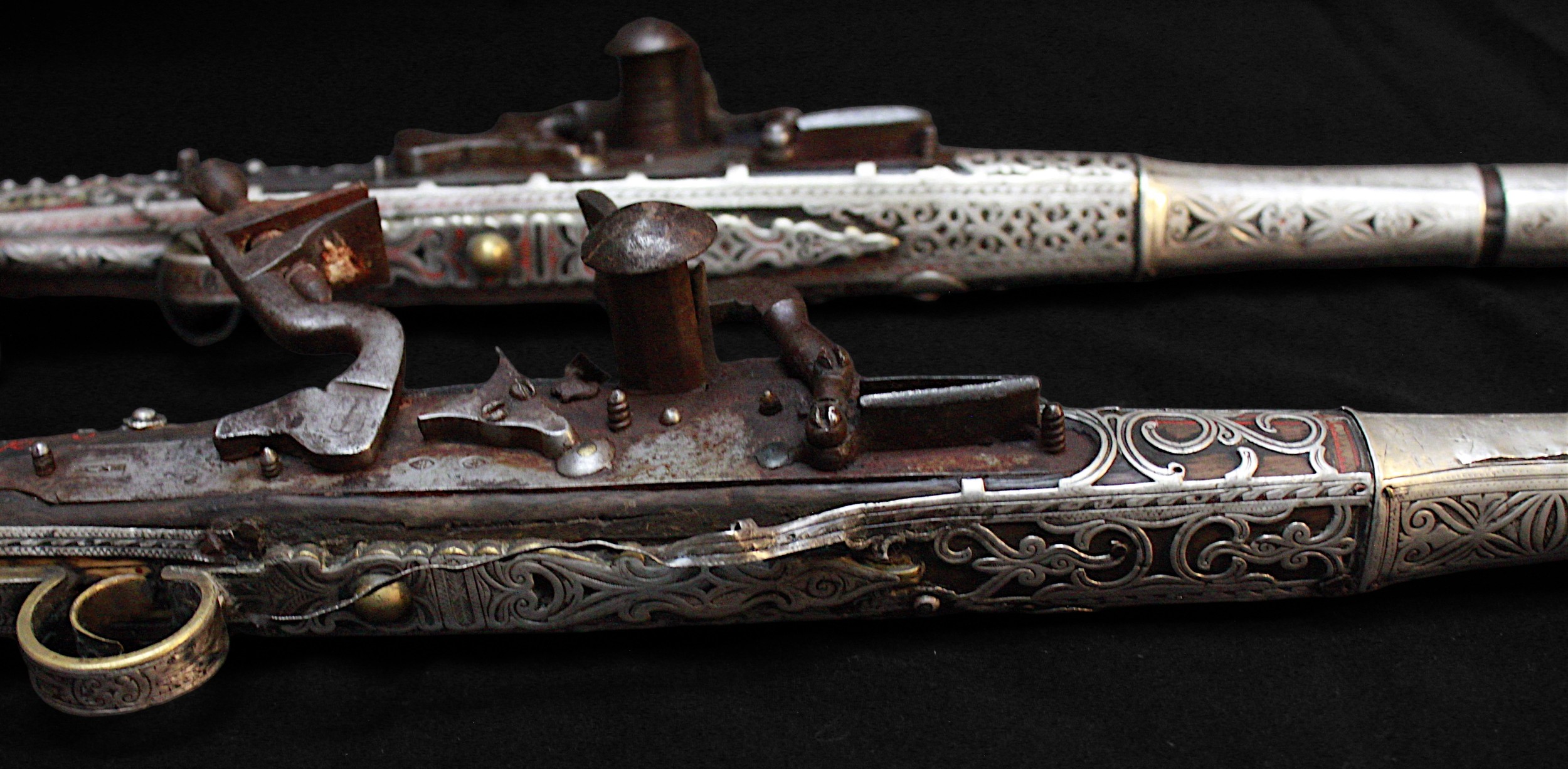A near pair smooth bore 18th/19th century Arab snaphaunce Jezail, approximately 64” overall, with - Image 6 of 10