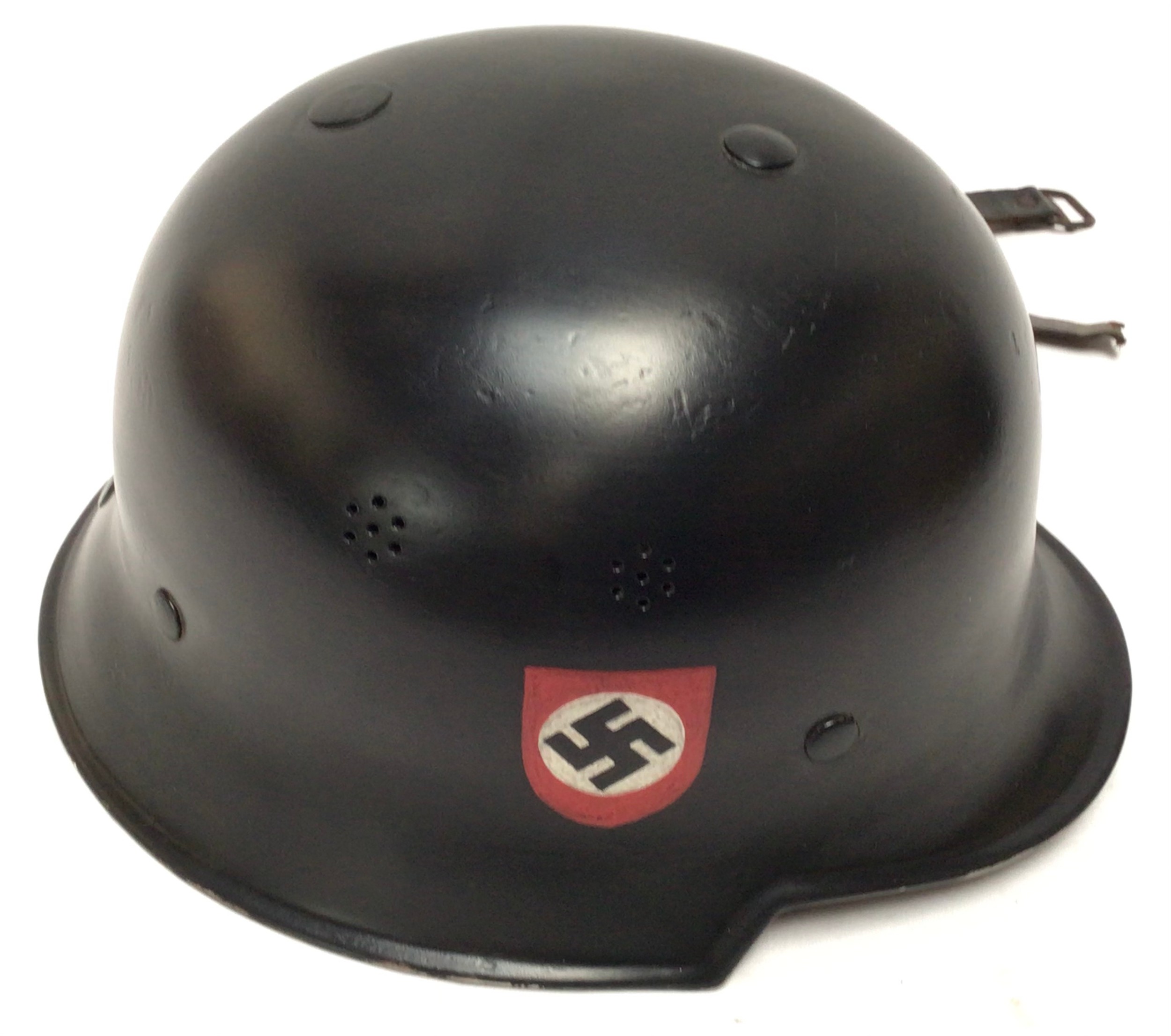 A WWII German Third Reich M34 Civil Defence Feuerwehr (Fire Service) Helmet, black painted with - Image 2 of 3