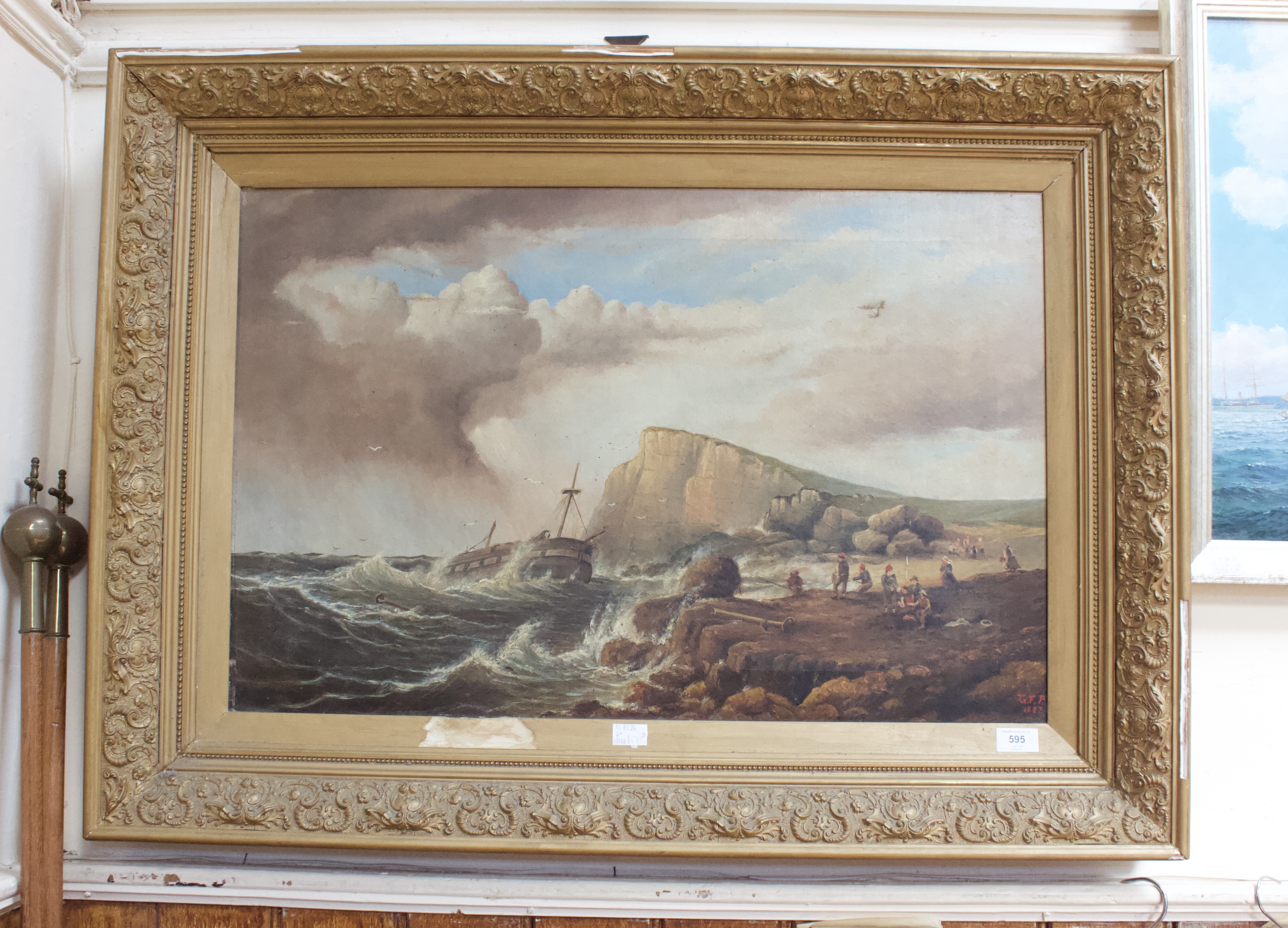 A 19th century coastal study with boat on choppy waters and figures on a cliff edge, with further - Image 2 of 8