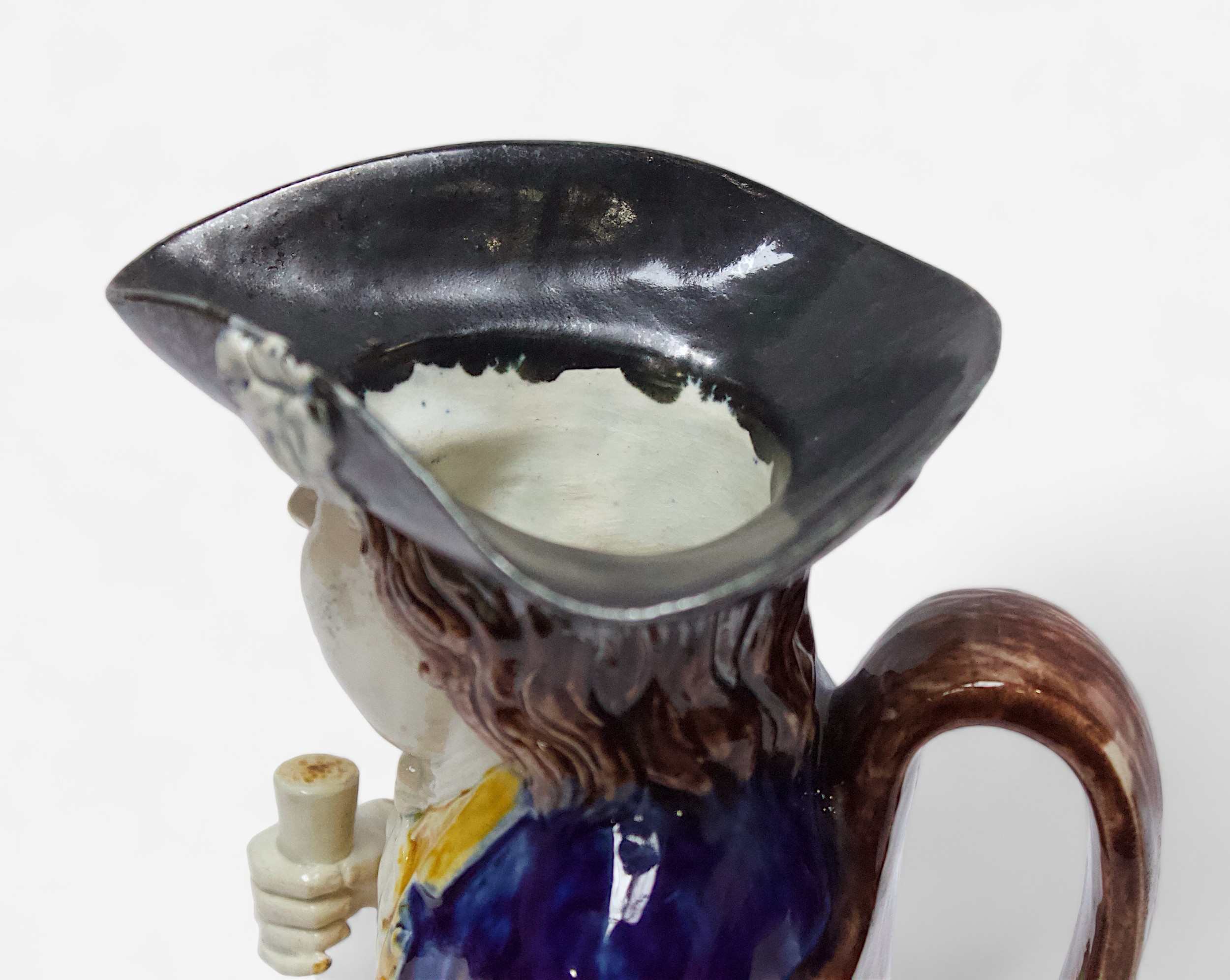 A Prattware ‘Sailor’ toby jug, c1790-1810, black tricorn hat, blue striped britches, overflowing - Image 5 of 5