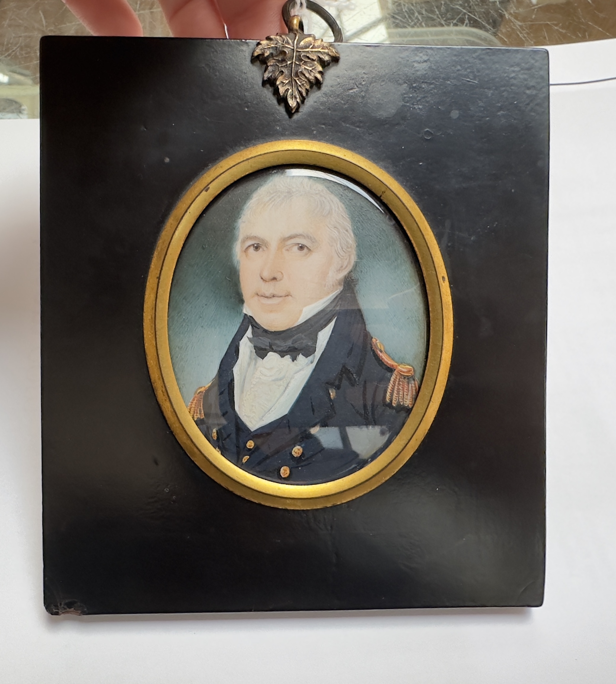 An early 19th century oval portrait miniature of a middle-aged Naval officer, with reseeding grey - Image 4 of 5