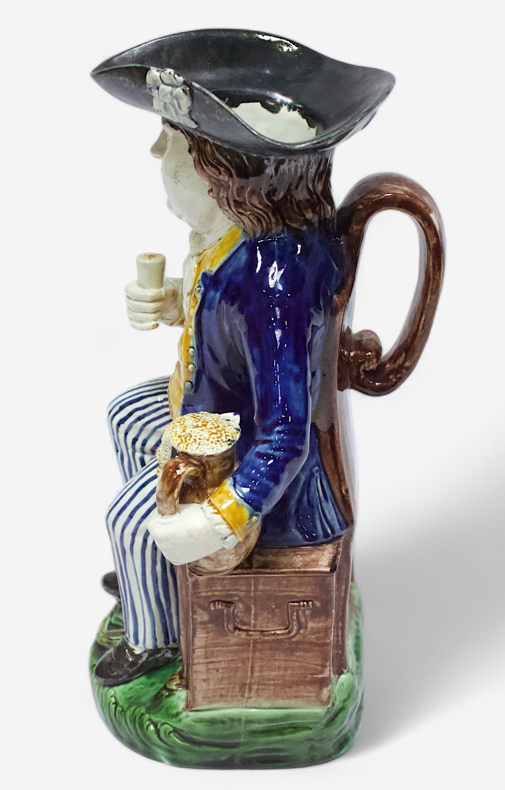 A Prattware ‘Sailor’ toby jug, c1790-1810, black tricorn hat, blue striped britches, overflowing - Image 4 of 5