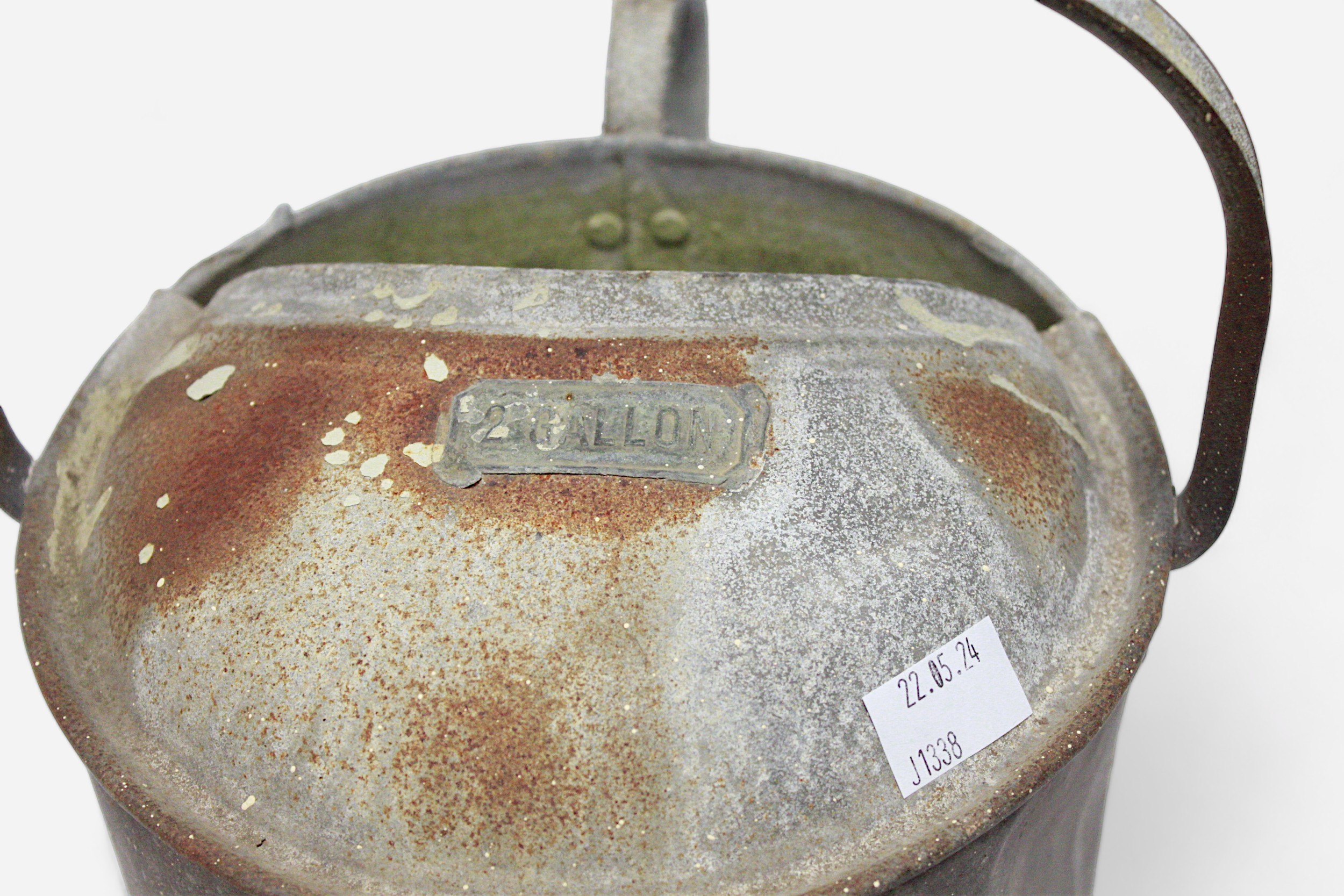 A WWII German Third Reich galvanised metal 2 Gallon watering can, the base embossed with a Swastika. - Image 3 of 5