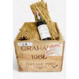 A case of eight bottles of Grahams 1966 vintage port, all unopened, with wax seals to tops and