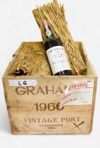 A case of eight bottles of Grahams 1966 vintage port, all unopened, with wax seals to tops and