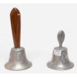 Two alloy handbells, each cast with the cameo portraits of the WWII Allied leaders, Roosevelt,