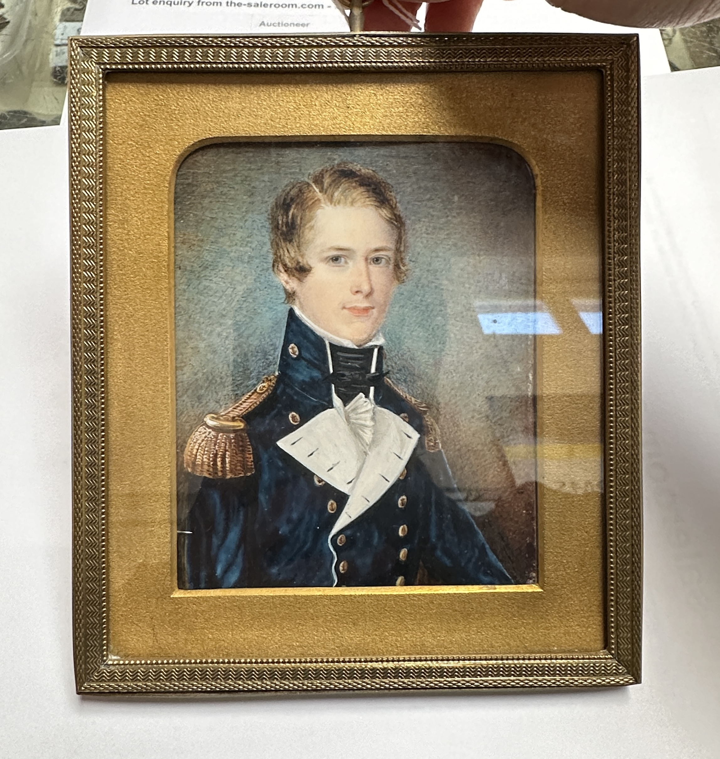 A Mid-19th century portrait miniature of a Naval Commodore, with brown hair with side parting, - Image 6 of 7