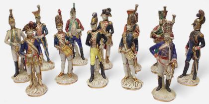 Twelve Italian Porcelain figures of French and European Military figures, each inscribed to the