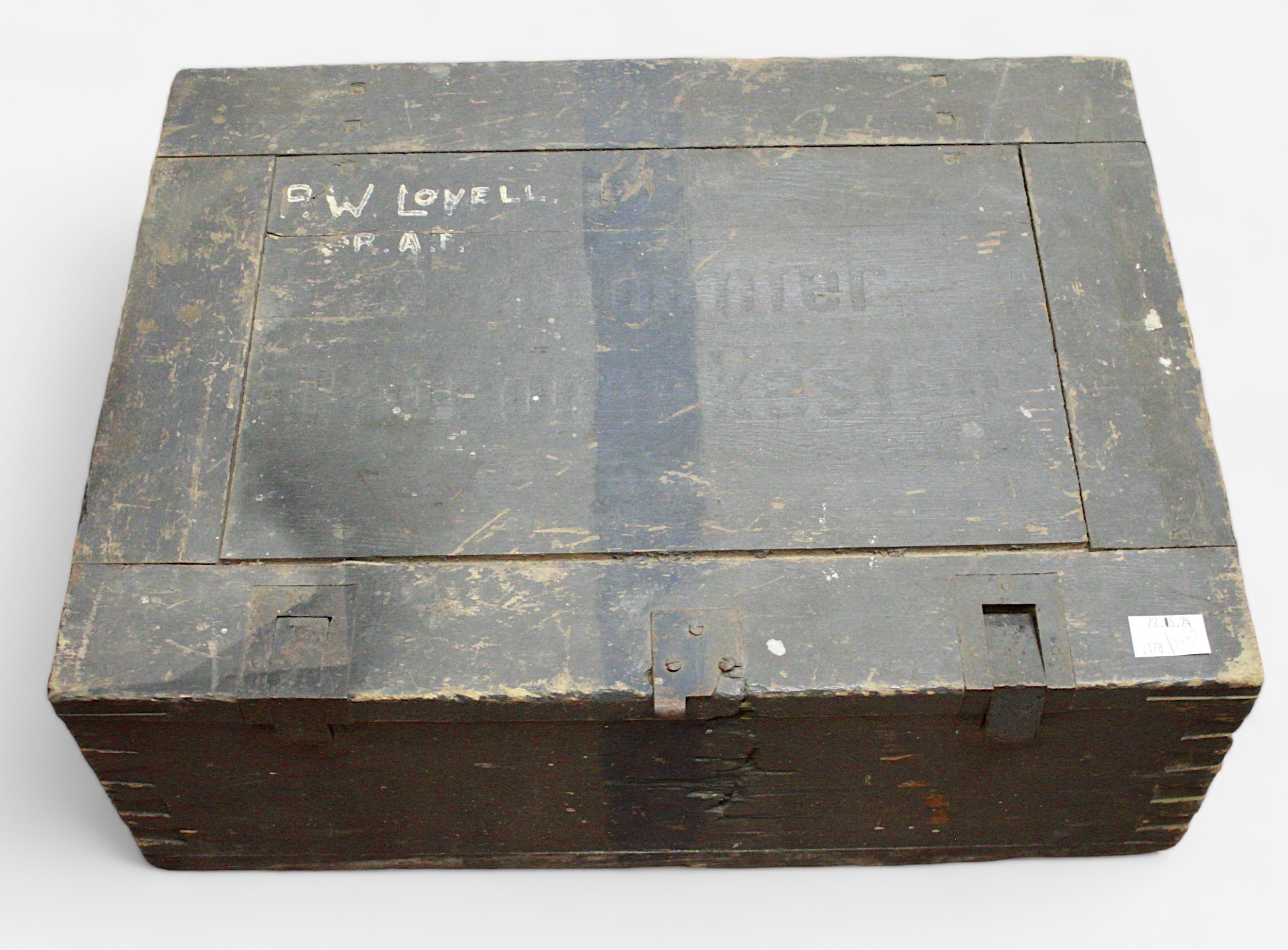 A WWII, D-Day era blue painted wooden ammunition box, inscribed ‘P.W. Lovell RAF’, for Peter