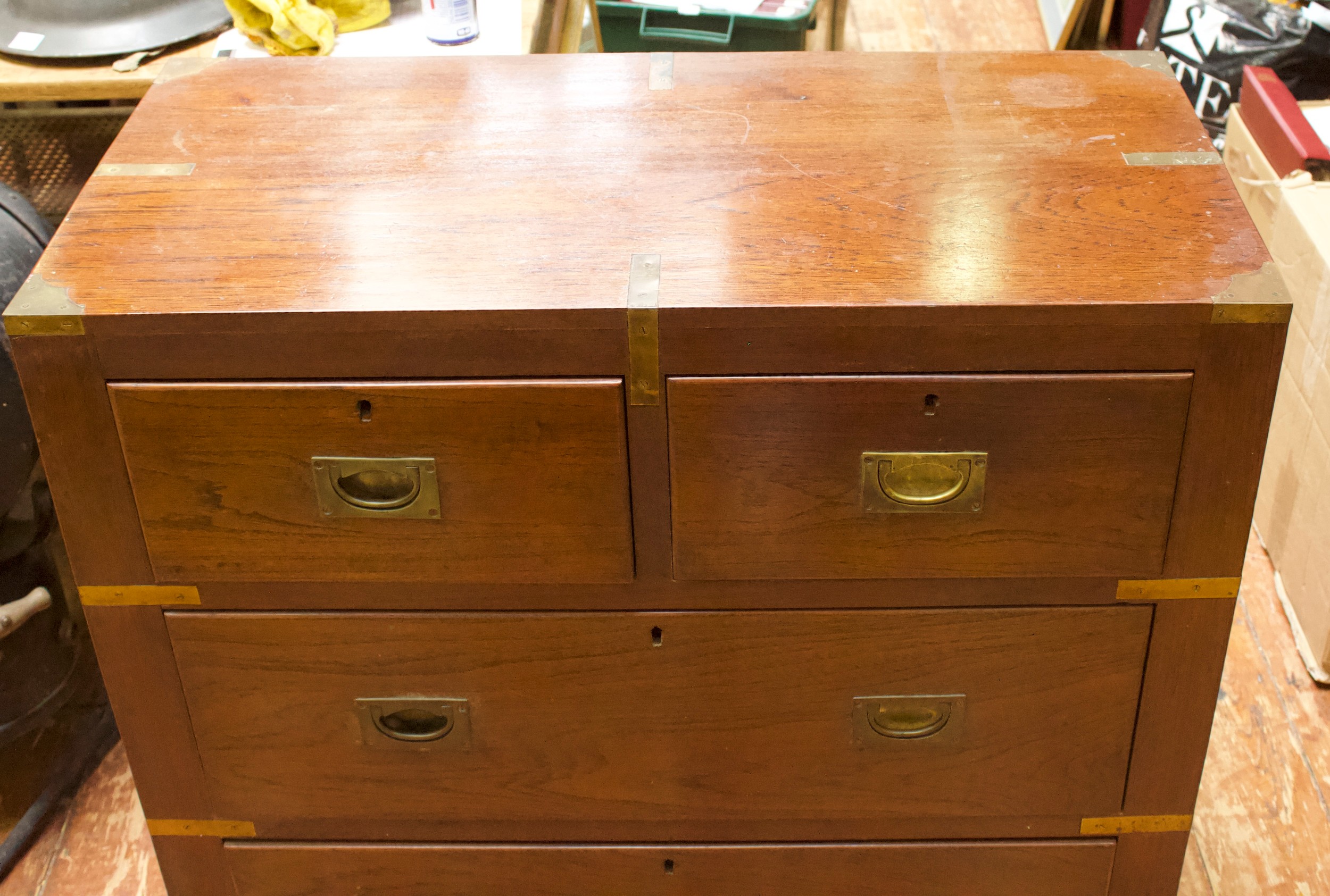 A 19th Century brass-bound teak military chest of two short and two long drawers with flush brass - Image 2 of 2