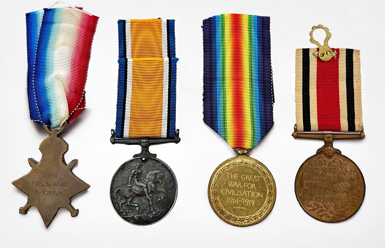 A WW1 Royal Sussex Regiment group to 2449 PTE. S. READ, comprising 1914-15 Star, War Medal and - Image 2 of 2