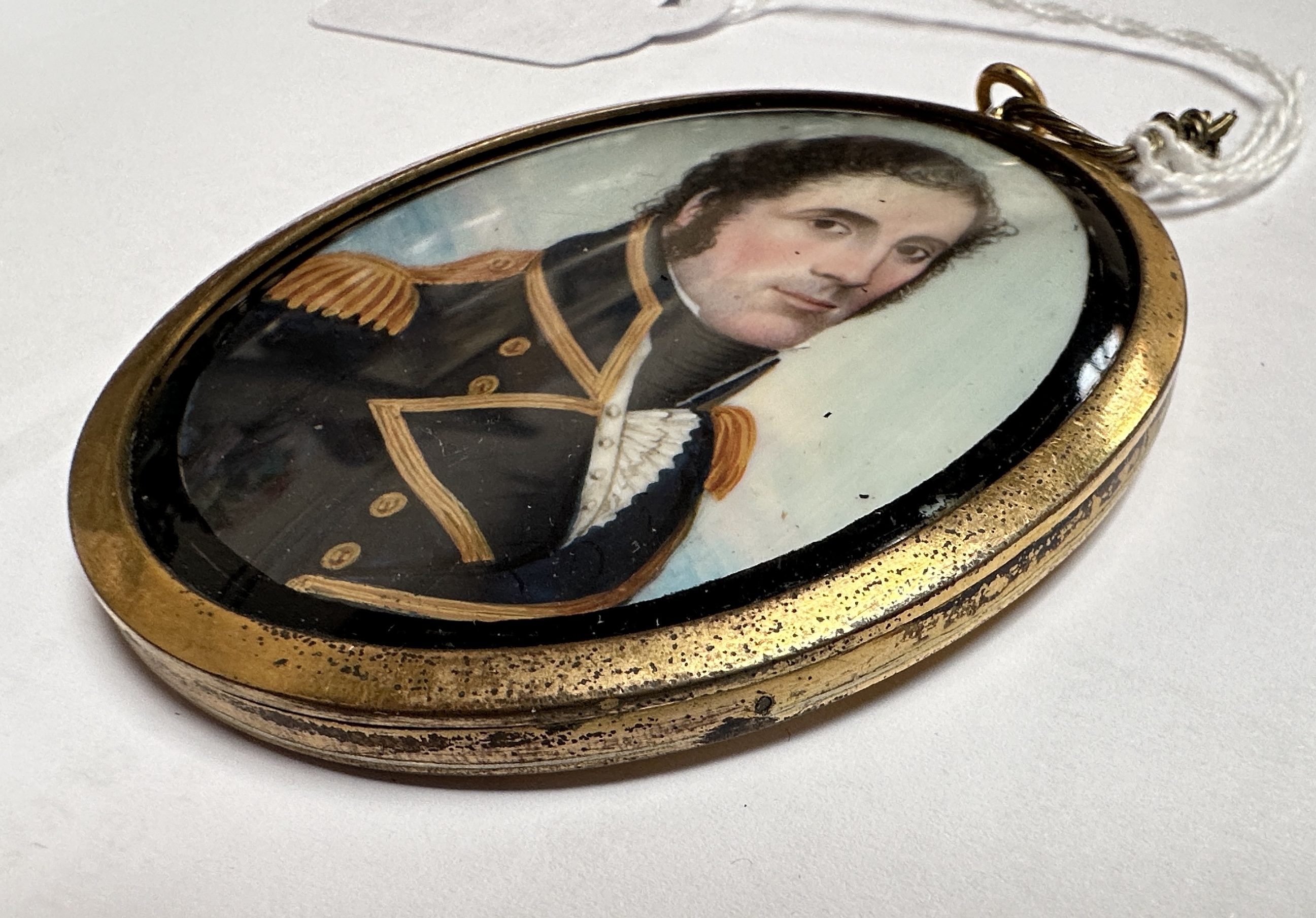 A Mid-19th century oval portrait miniature of a senior Naval officer, with black curly hair and - Image 5 of 7