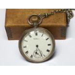 A silver-cased open face pocket watch by Waltham, the white enamel dial with Roman numerals denoting