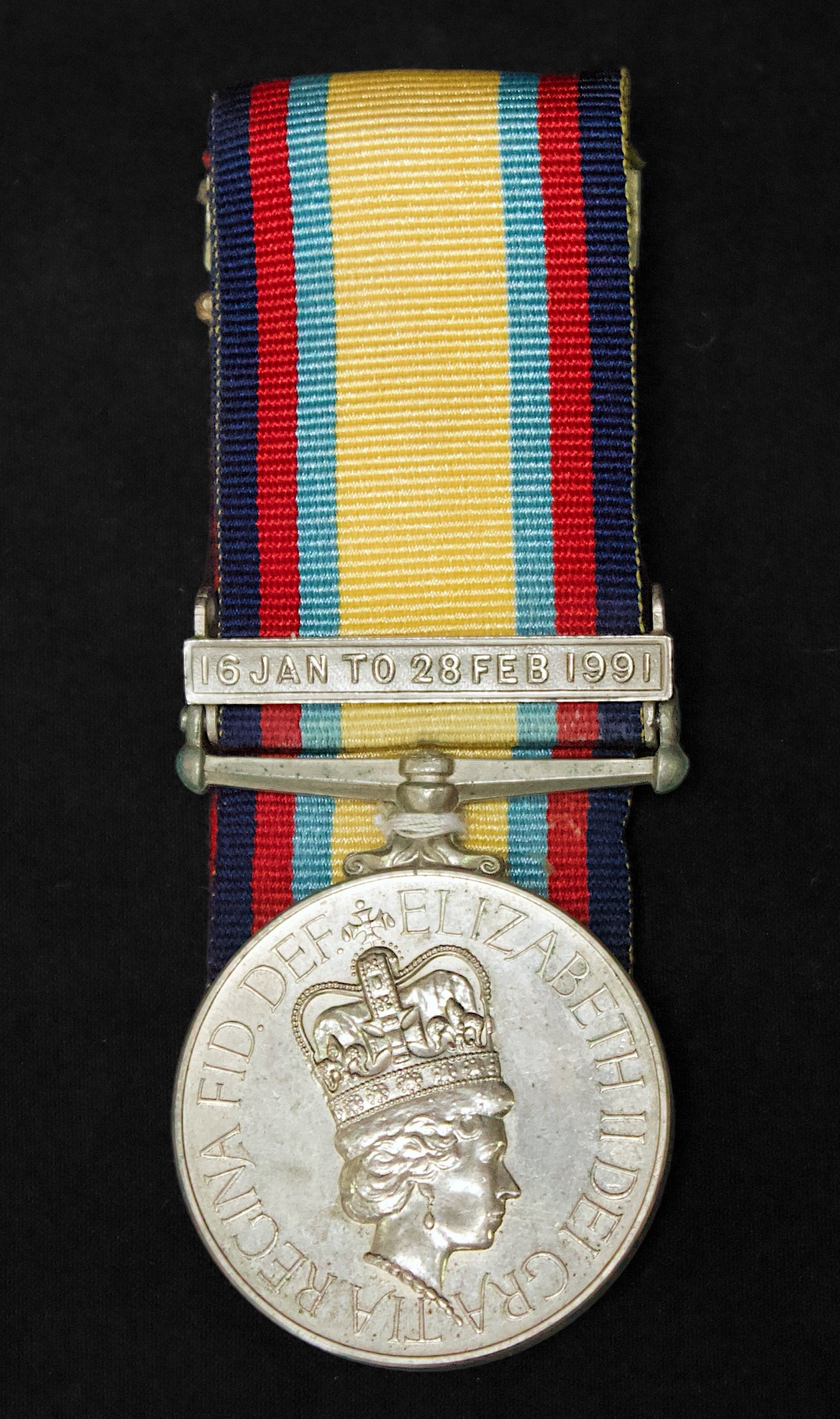 A Gulf Medal 1992 with Clasp 16 Jan-28th Feb 1991, to 24889195 GNR K.M. COOKSON RA, mounted court