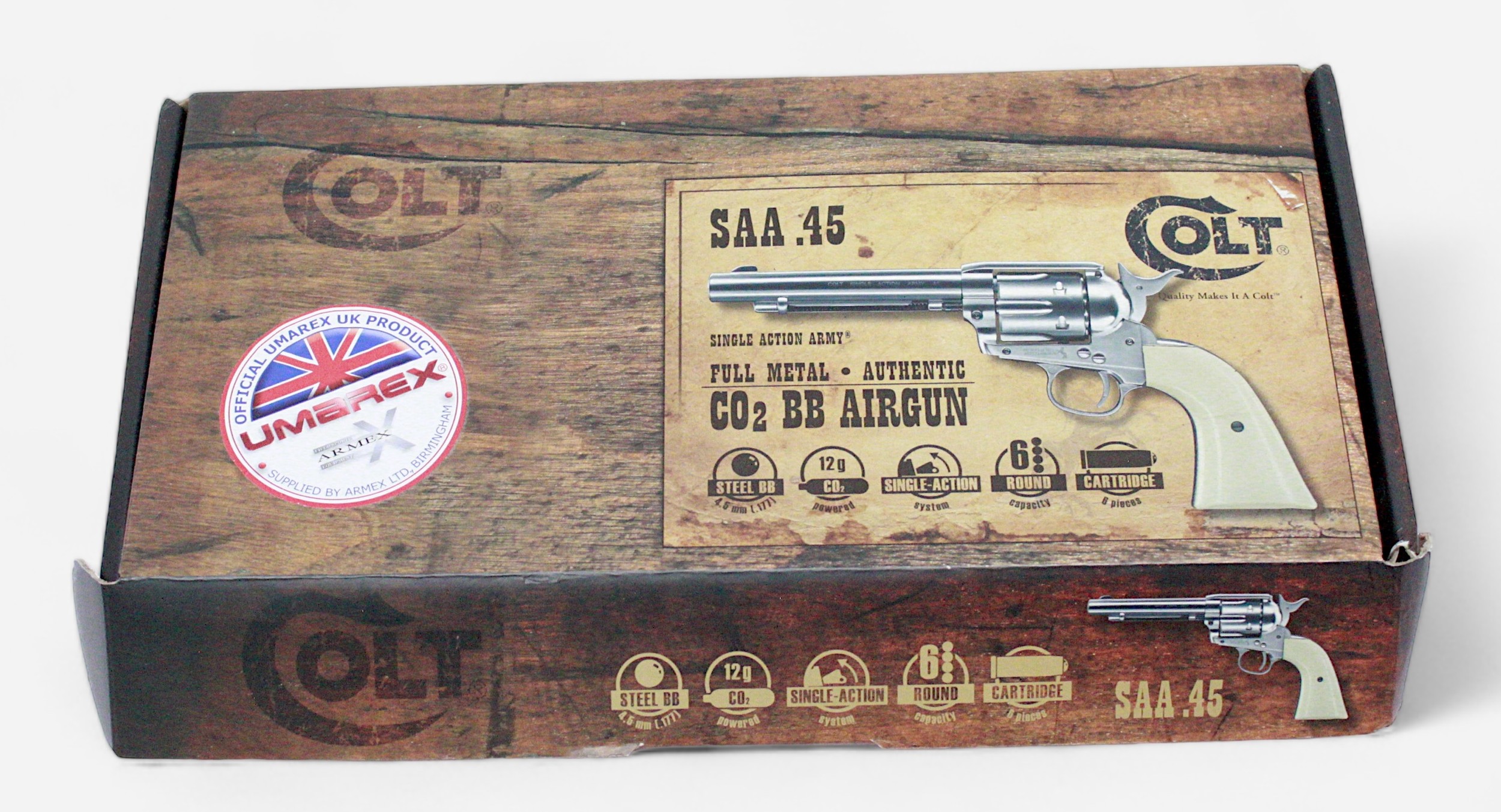 A Colt SAA. 45 CO2 Revolver, with nickel finish and wood effect grip. Calibre .177 pellet, in - Bild 4 aus 4