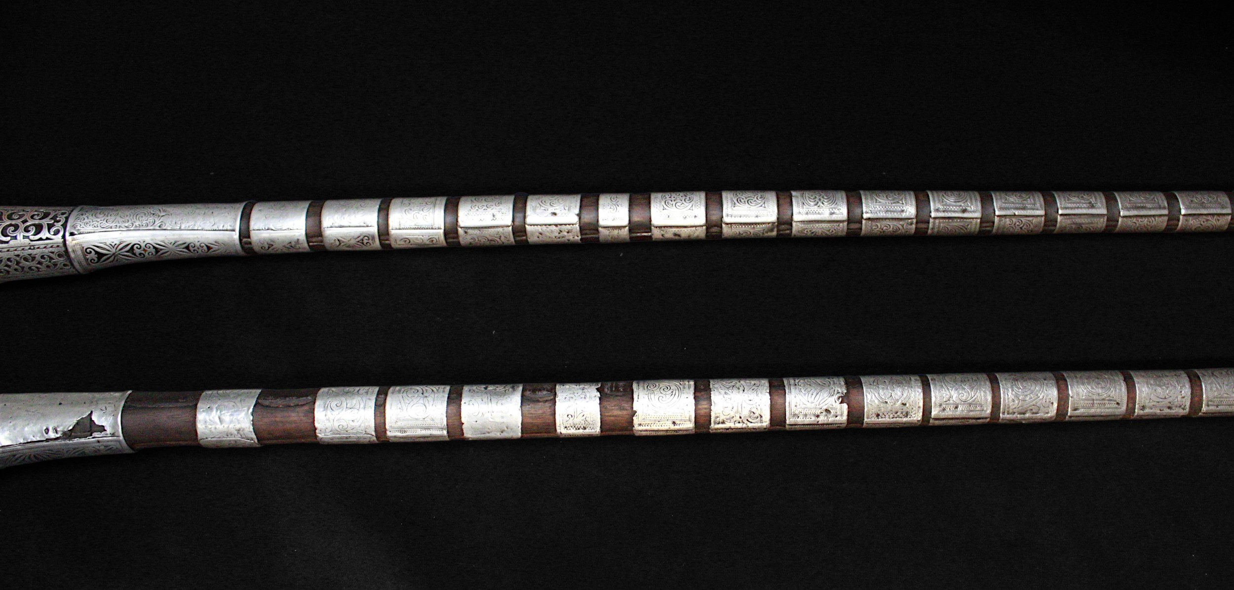 A near pair smooth bore 18th/19th century Arab snaphaunce Jezail, approximately 64” overall, with - Image 3 of 10