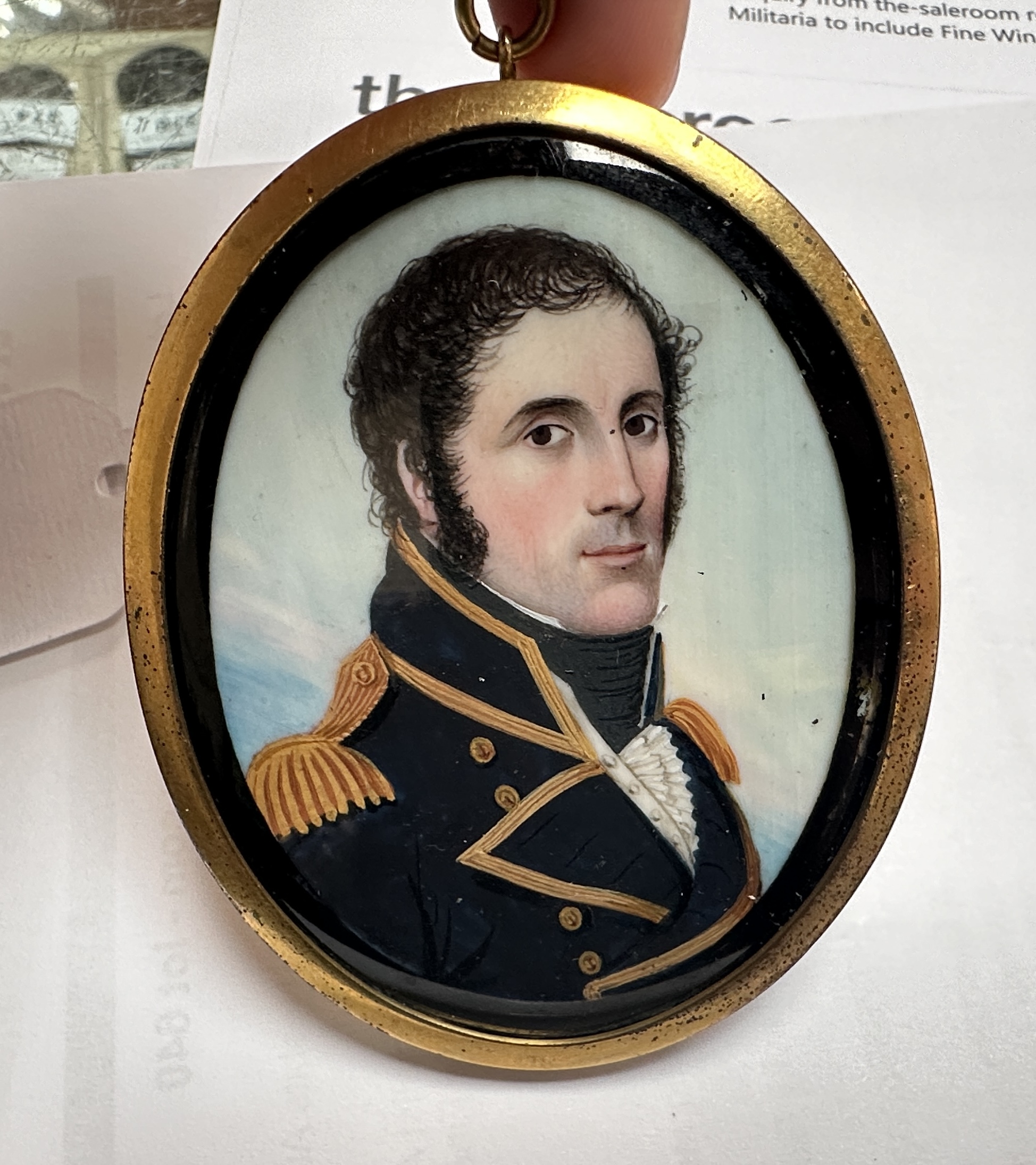 A Mid-19th century oval portrait miniature of a senior Naval officer, with black curly hair and - Image 2 of 7