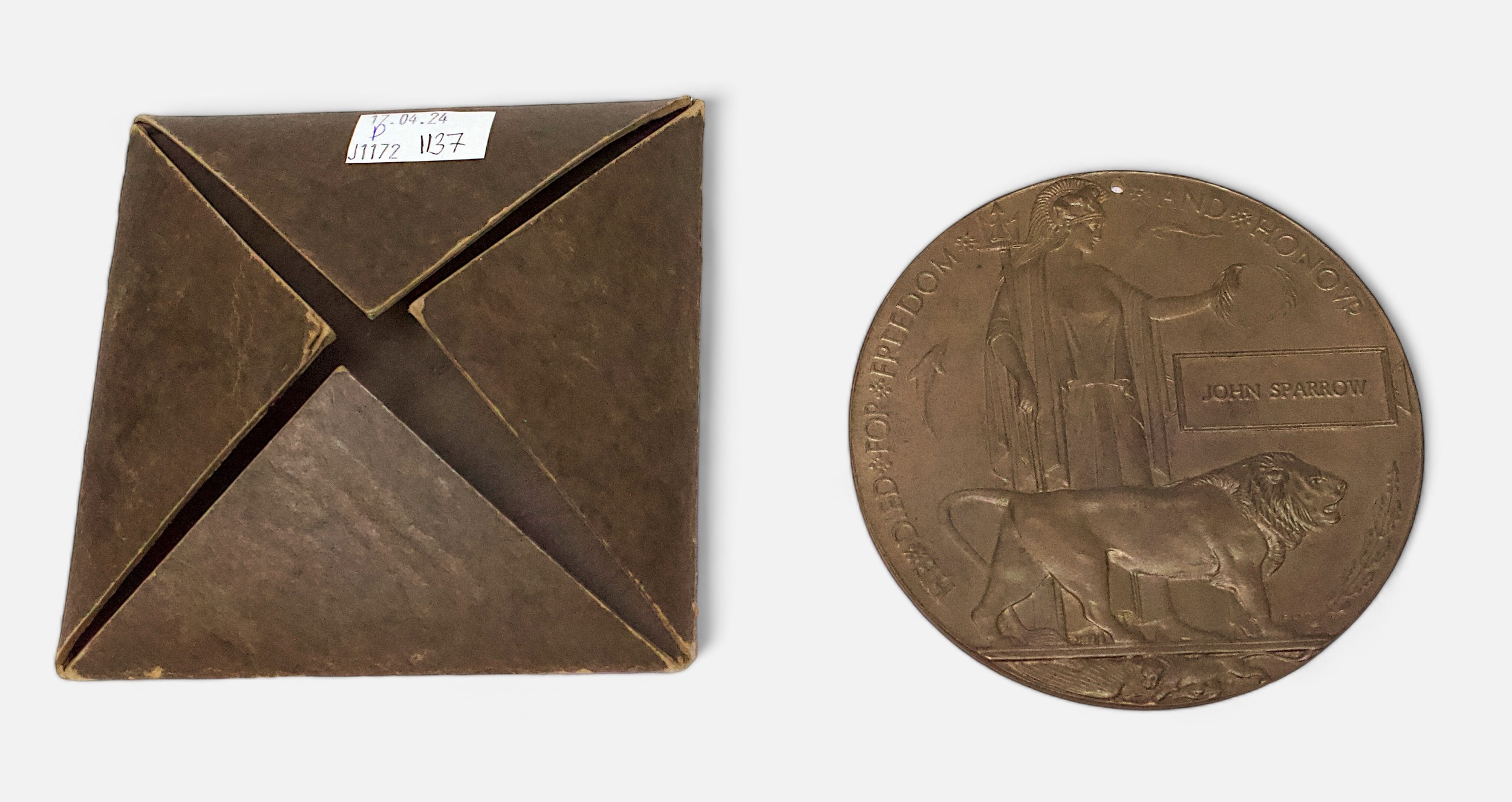 A WWI Bronze Commemorative Plaque, or ‘Death Penny’, named to John Sparrow who served with the South - Image 2 of 3