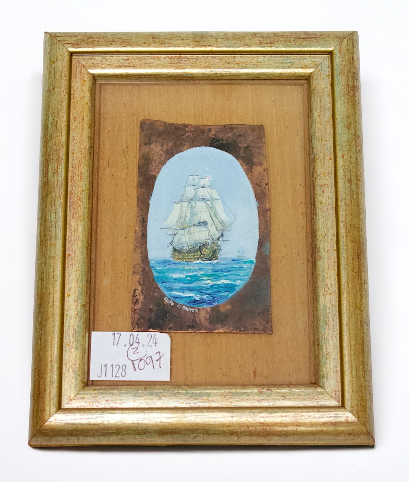 Colin M. Baxter (b.1963), A small oval painting of HMS Victory in full sail, signed, oil on a - Image 3 of 3