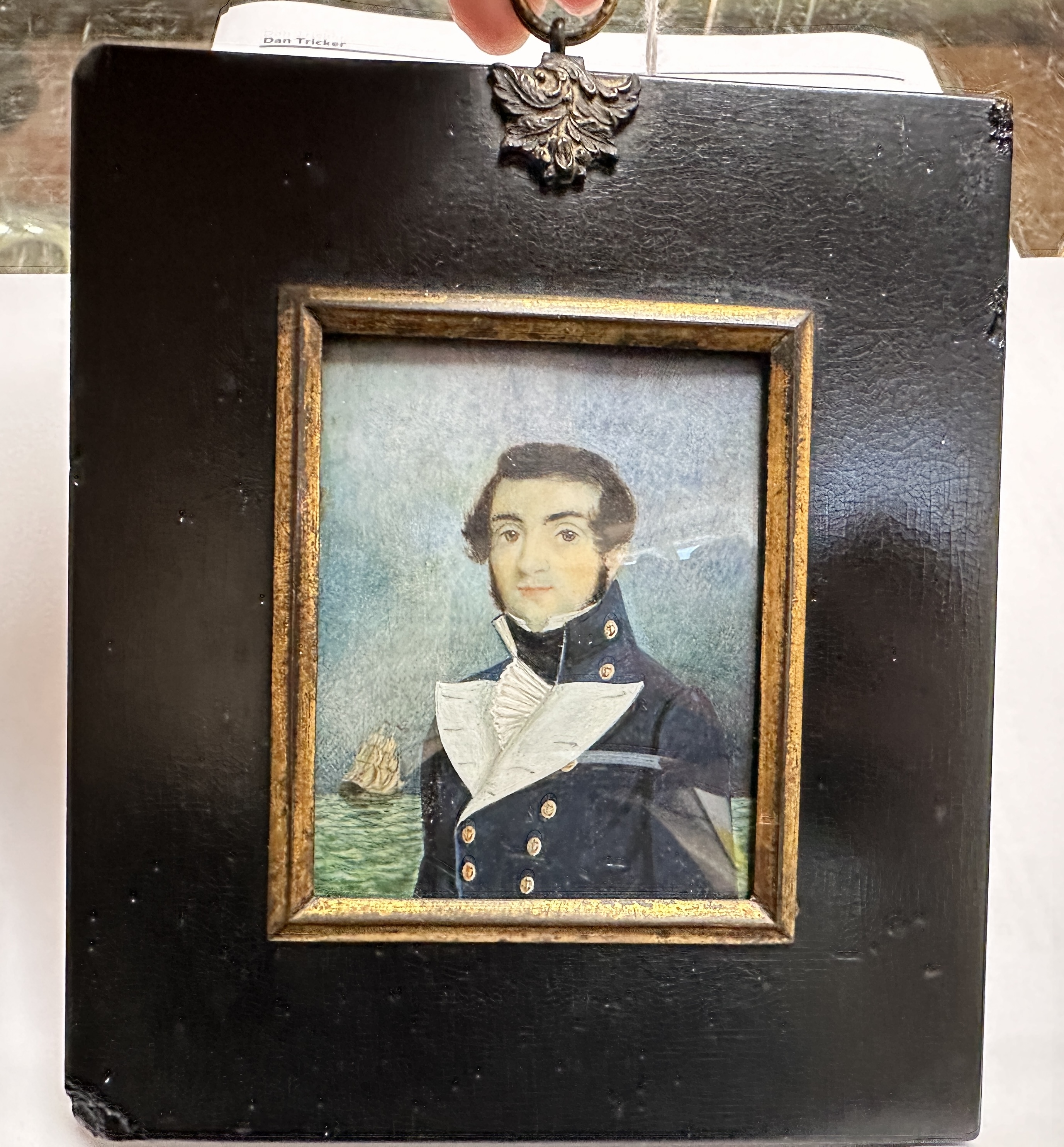 A Mid-19th century portrait miniature of a Naval Midshipman, with black wavy hair wand sides brushed - Image 3 of 8