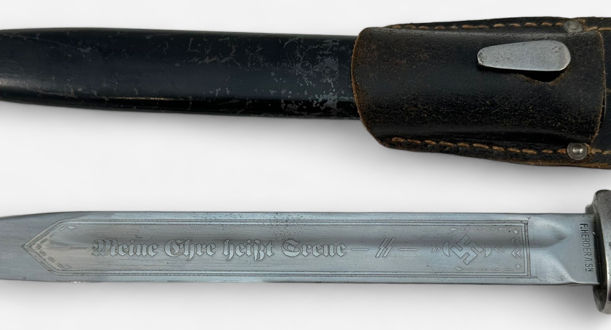 A WWII German Waffen SS bayonet, 25cm fullered blade, etched 'meine ehre heißt treue' (my honour - Image 4 of 4