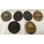 Six various German WWII military wound badges, comprising 1st, 2nd and 3rd class examples