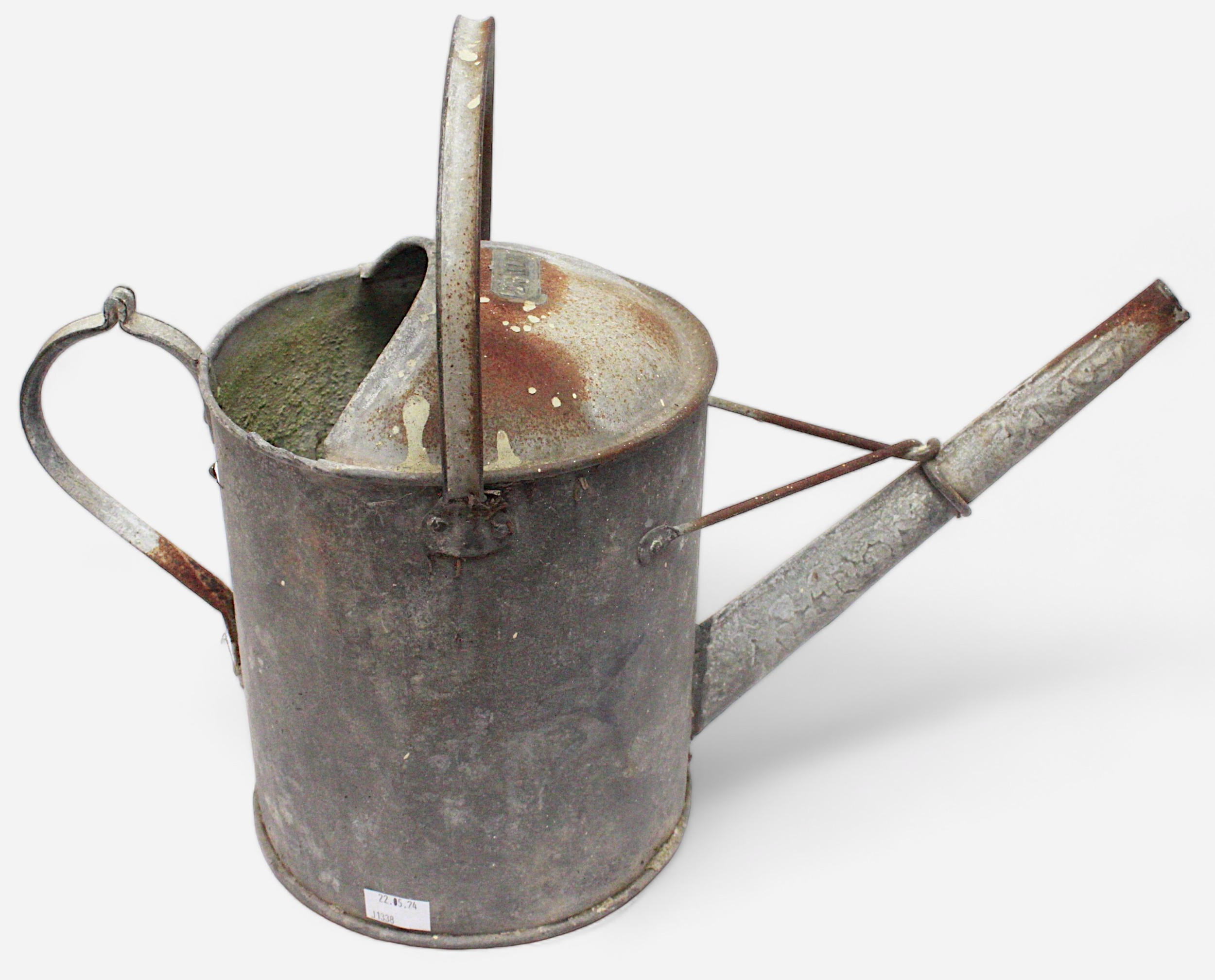 A WWII German Third Reich galvanised metal 2 Gallon watering can, the base embossed with a Swastika. - Image 2 of 5