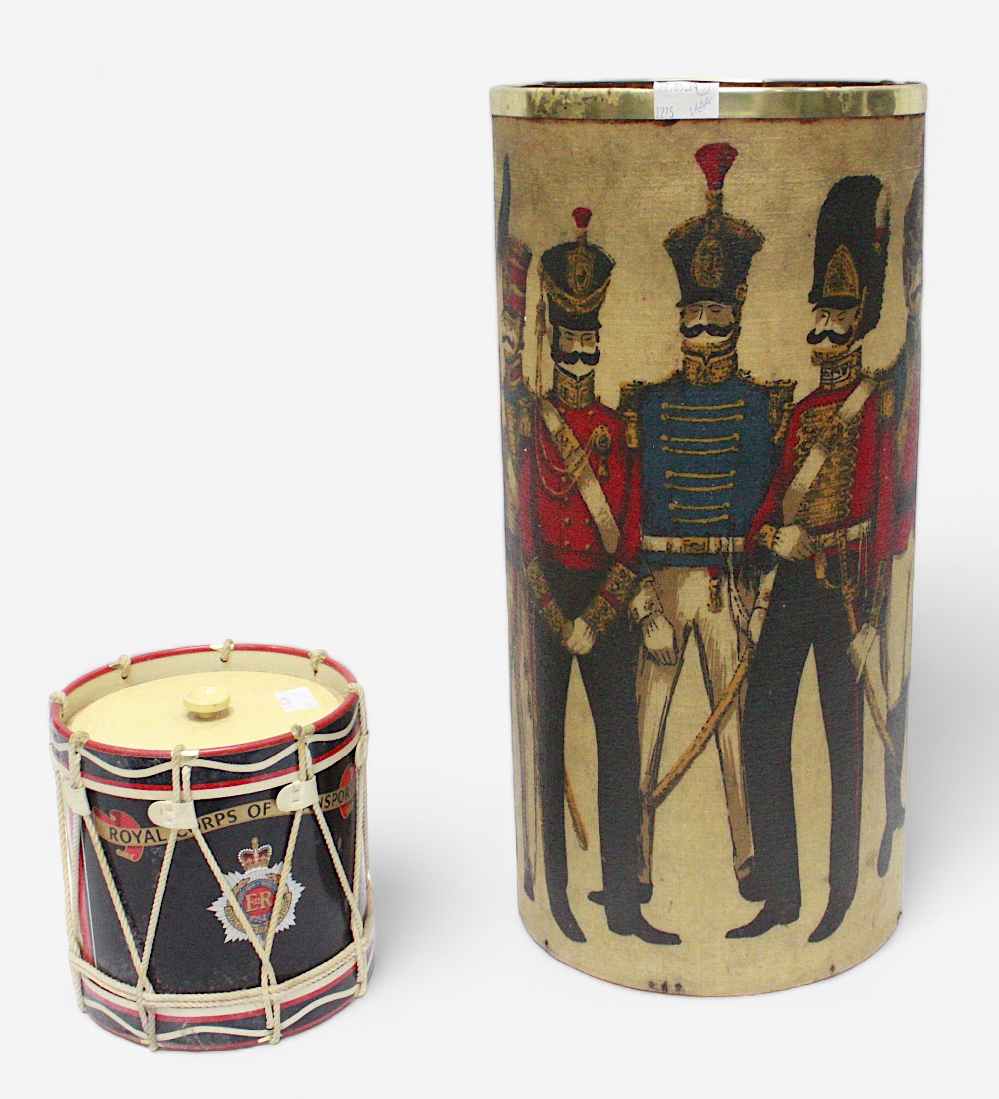 An early 20th century plywood snare drum box, 42 diam x 27cm high, together with a cylindrical - Image 2 of 3