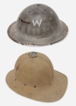 A British WWII Air Raid Wardens Brodie helmet, with leather liner and khaki webbing chin strap,