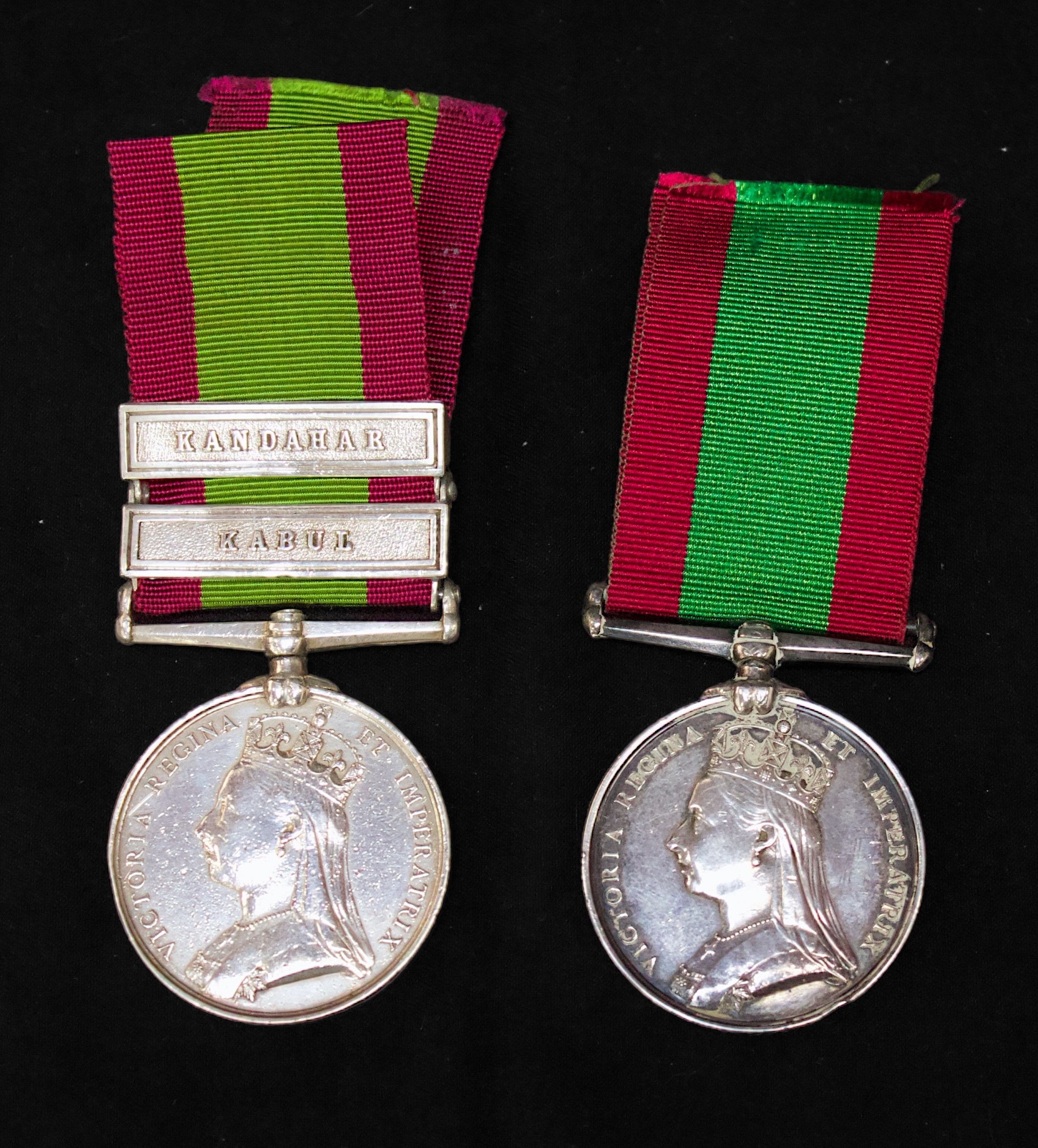 Two Afghanistan Medals 1881, with Kabul and Kandahar Clasps to 1380 Pte McMessage 9th Lancers, and