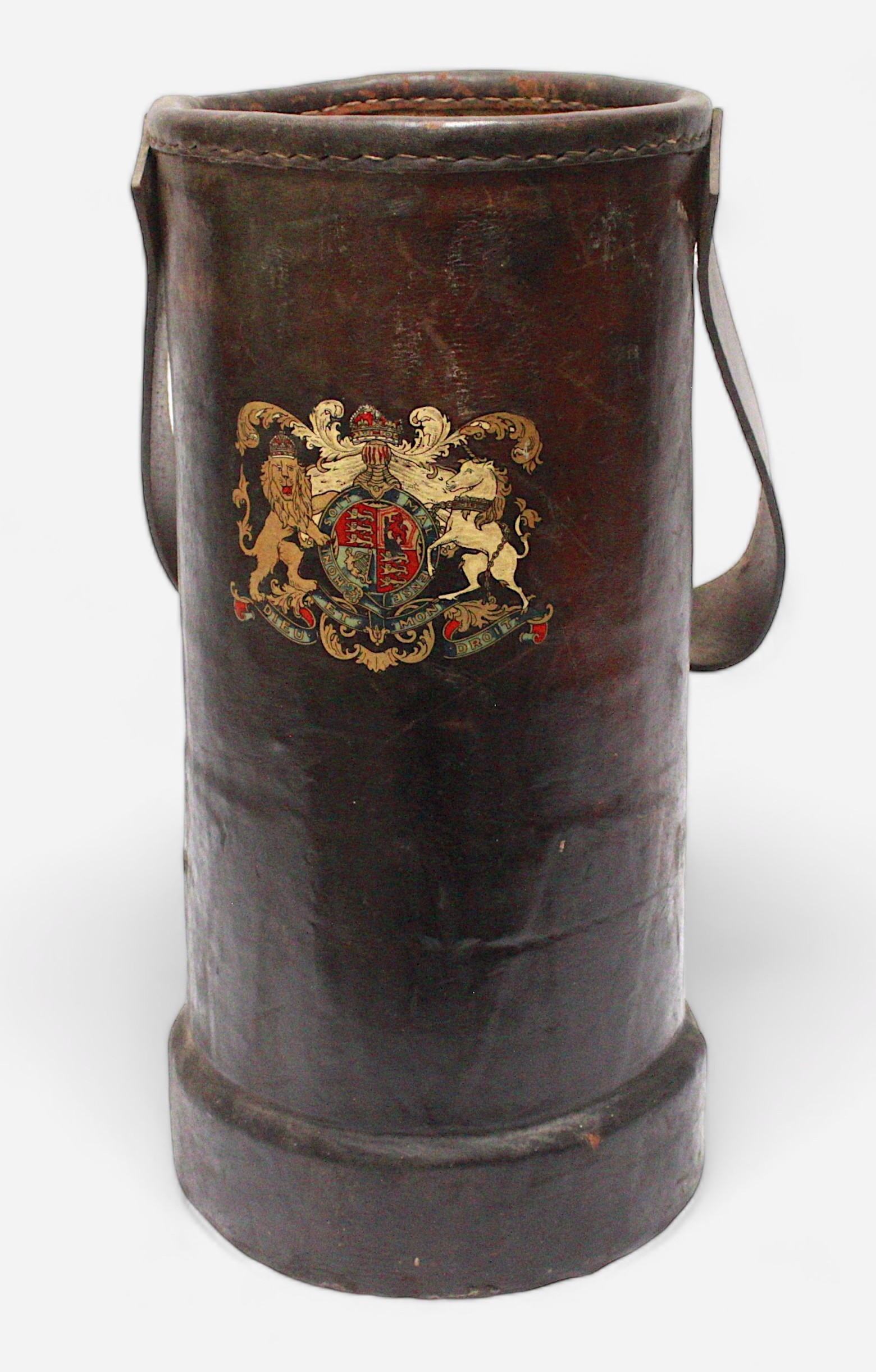 A Royal Navy leather cordite carrier, of cylindrical form with leather handle, and transfer