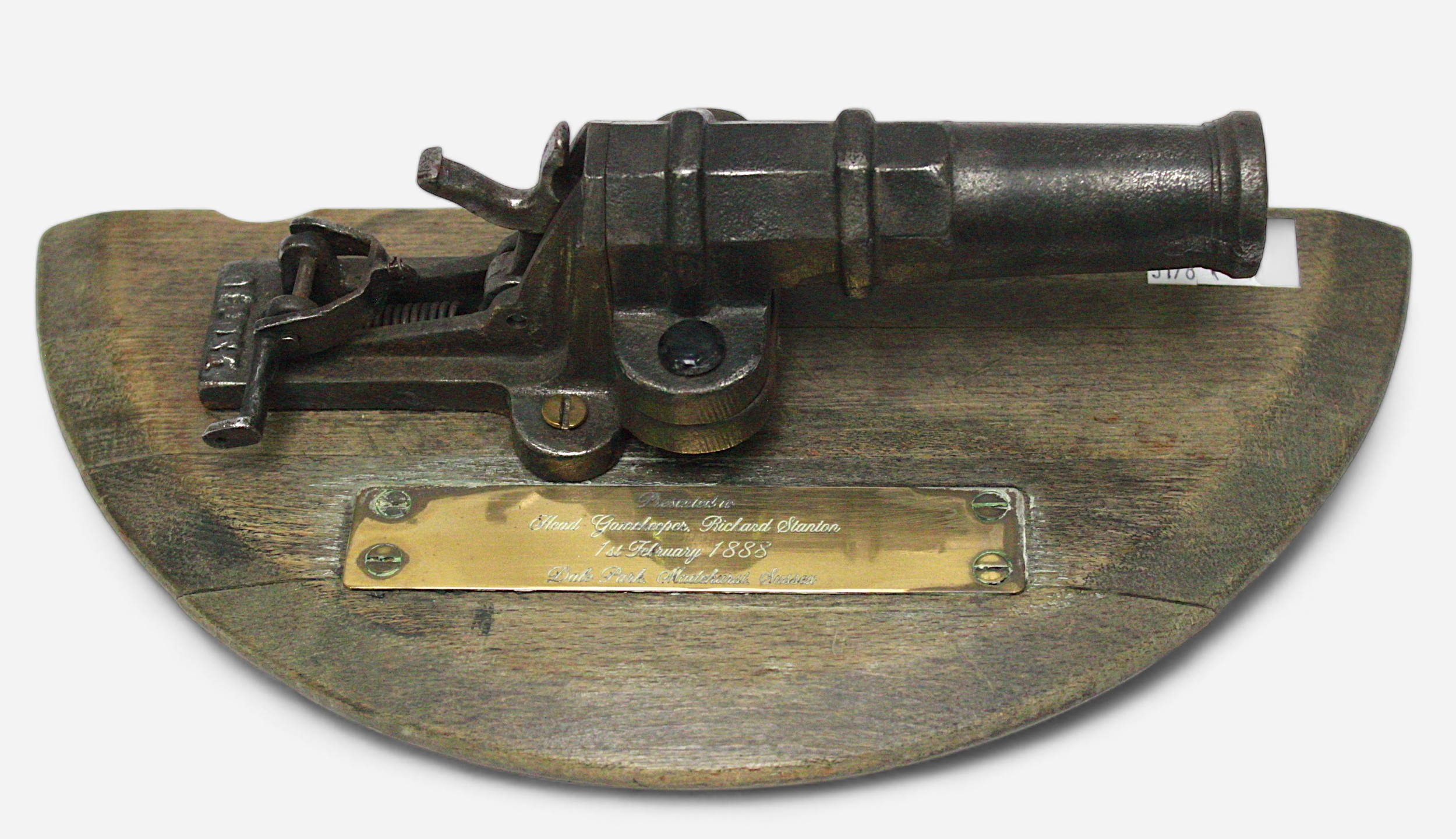 A Victorian gamekeepers poachers Alarm, miniature iron cannon, presented as a memento of service,