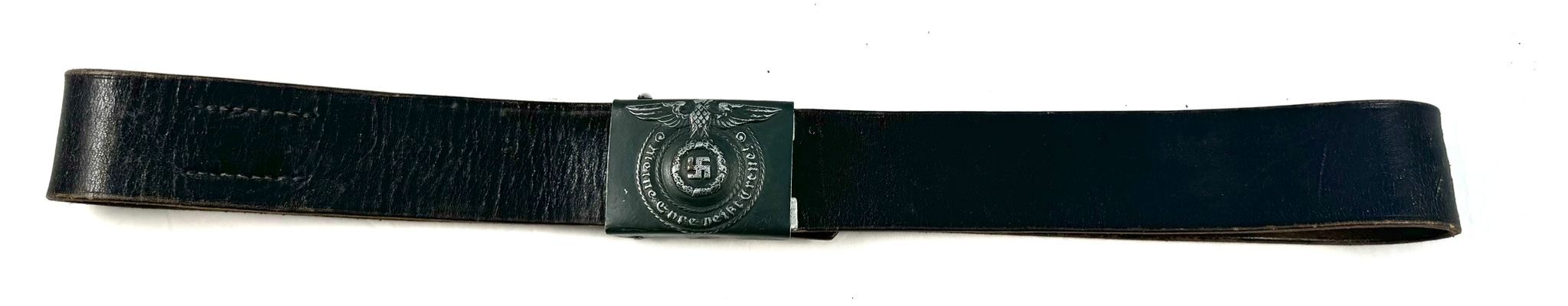 A German Third Reich Waffen SS Belt Buckle, with black leather belt, matt green painted buckle,