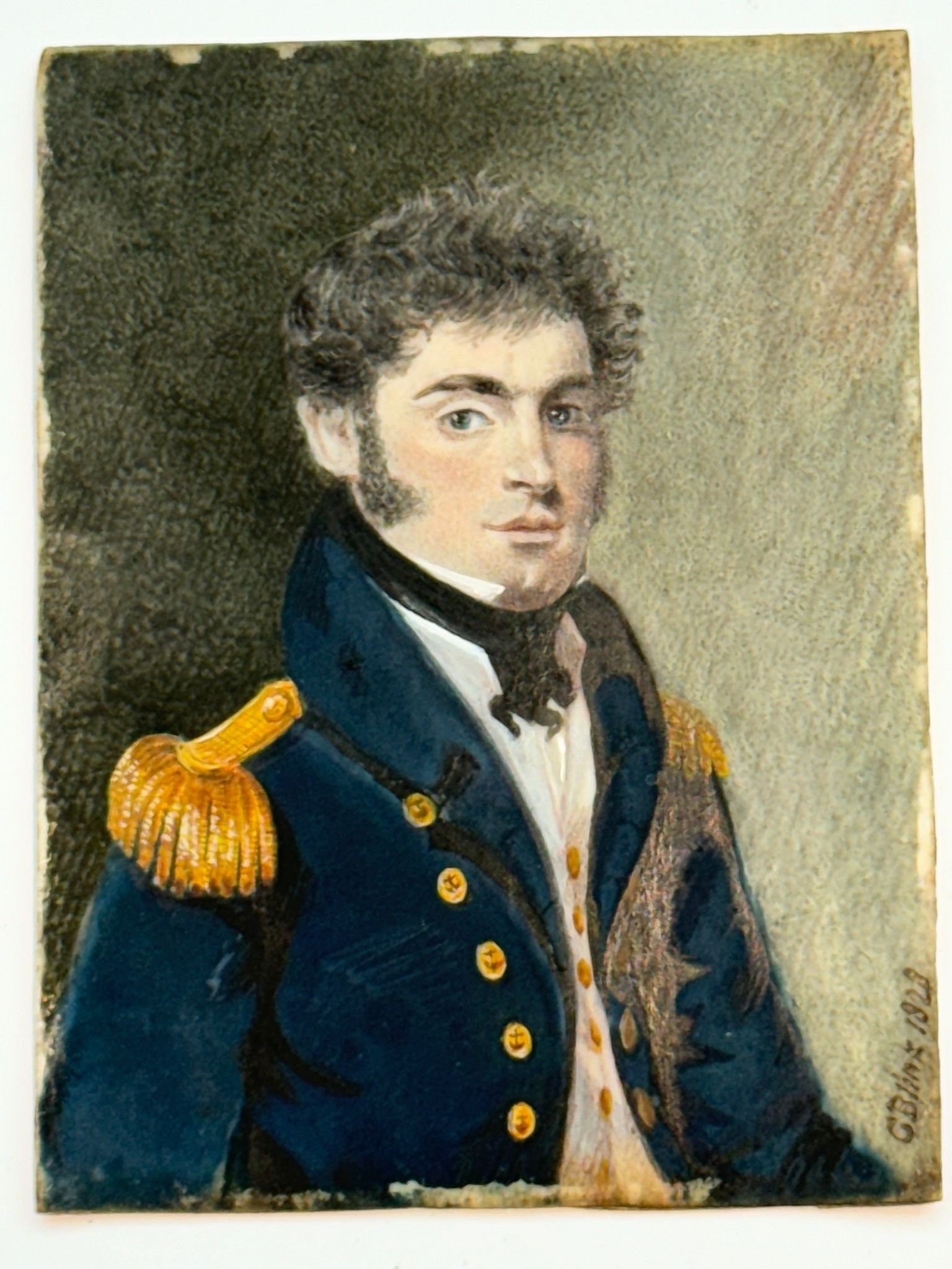 An early 19th century portrait miniature of a Senior Naval Officer, with medium length wavy black - Bild 2 aus 2