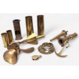 A collection of assorted military and maritime related brassware and collectables including a